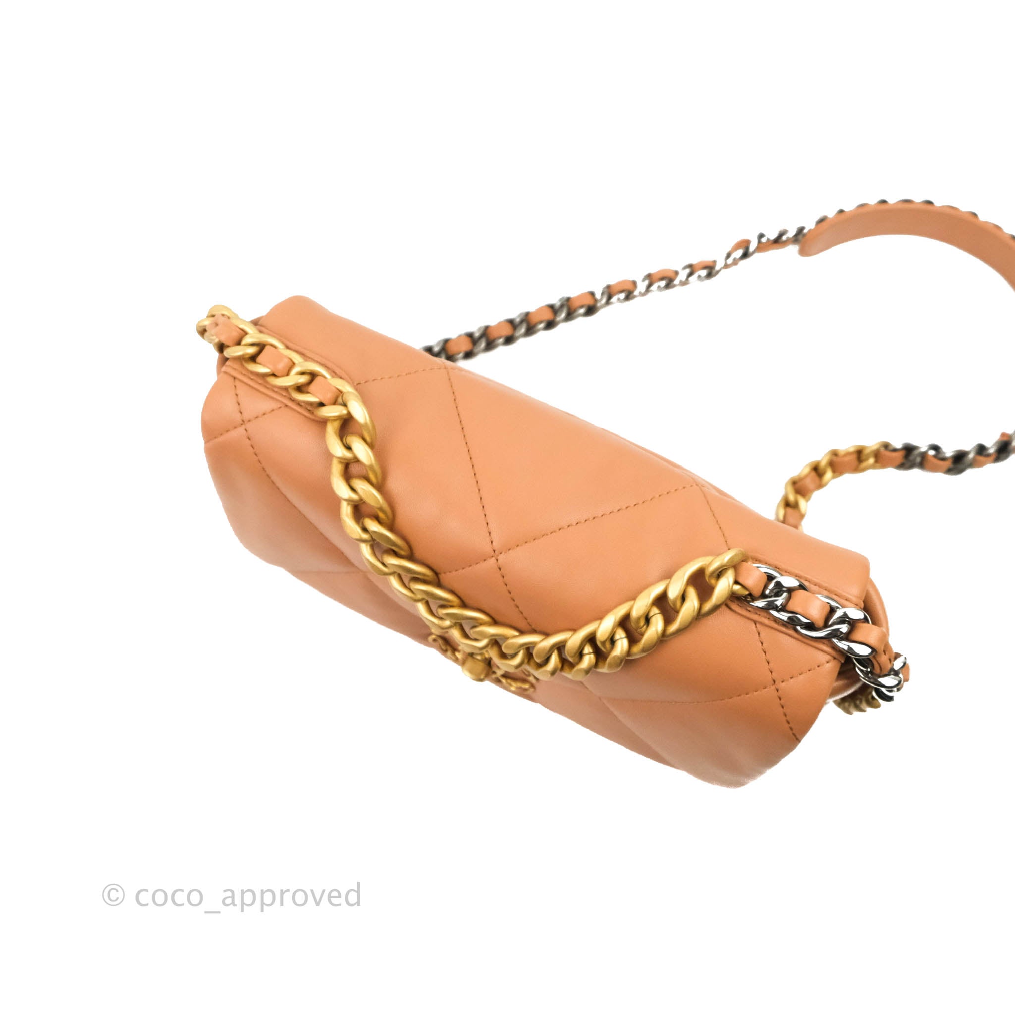 Chanel 19 Small Handbag in Caramel Dark Beige Lambskin Leather with Mixed Hardware 21K Collection - Perfect for Everyday Luxury & Special Occasions