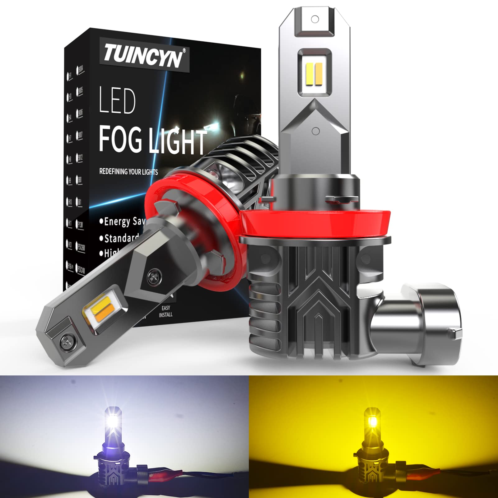 TUINCYN H11 LED Fog Light Bulbs 6000K White/3000K Yellow - 2800LM 30W Dual Color Switchback H8 H9 H16 Upgrade - Non-Polarity Plug and Play Halogen Replacement 12V (Pack of 2) - Perfect for Off-Road, Night Driving & Bad Weather Conditions