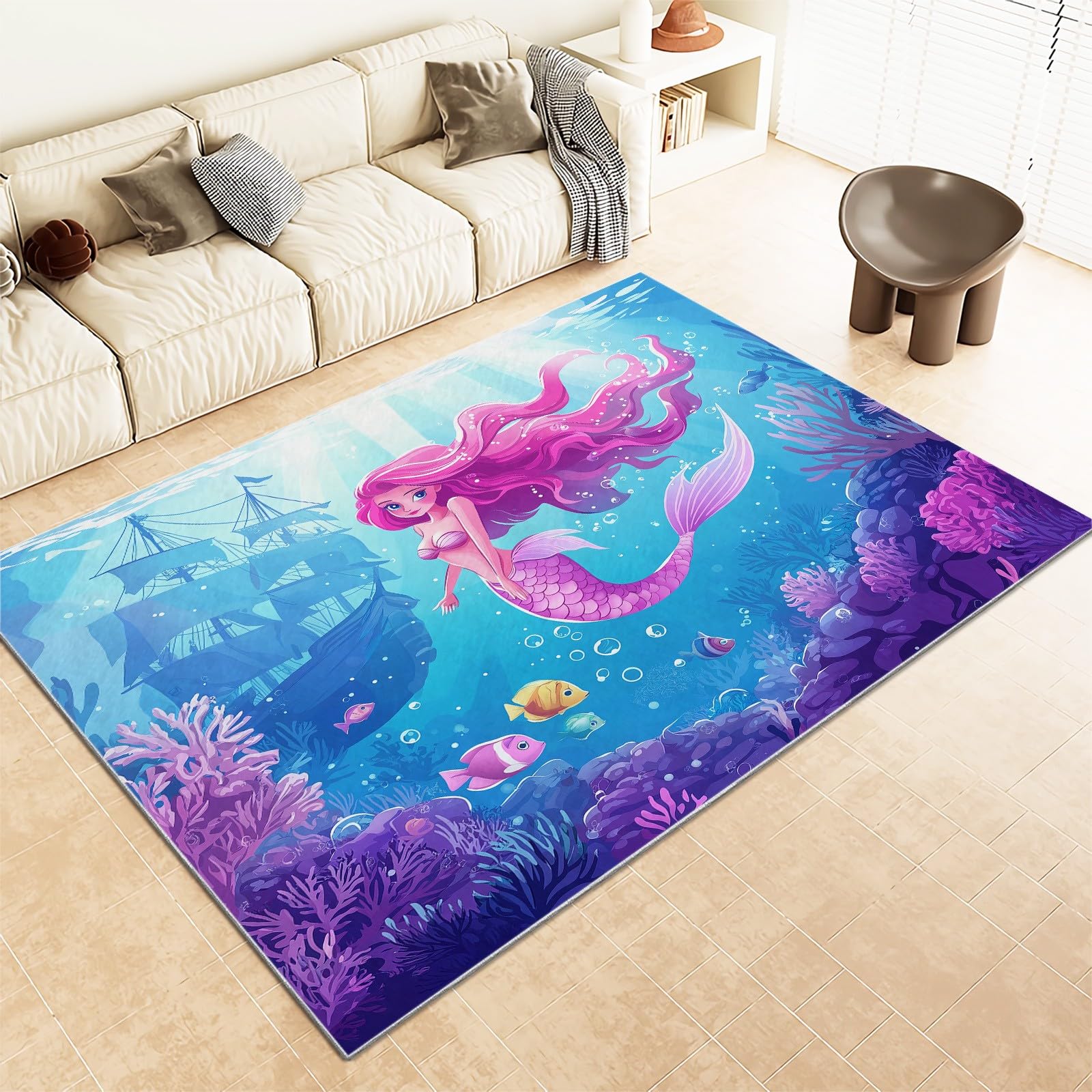 5x7 ft Cartoon Fish Coral & Shipwreck Non-Slip Area Rug - Soft Washable Indoor Living Room Carpet for Bedroom, Dining Room, Playroom & Nursery - Perfect for Coastal Themed Home Decor & Kids Room Floor Mat