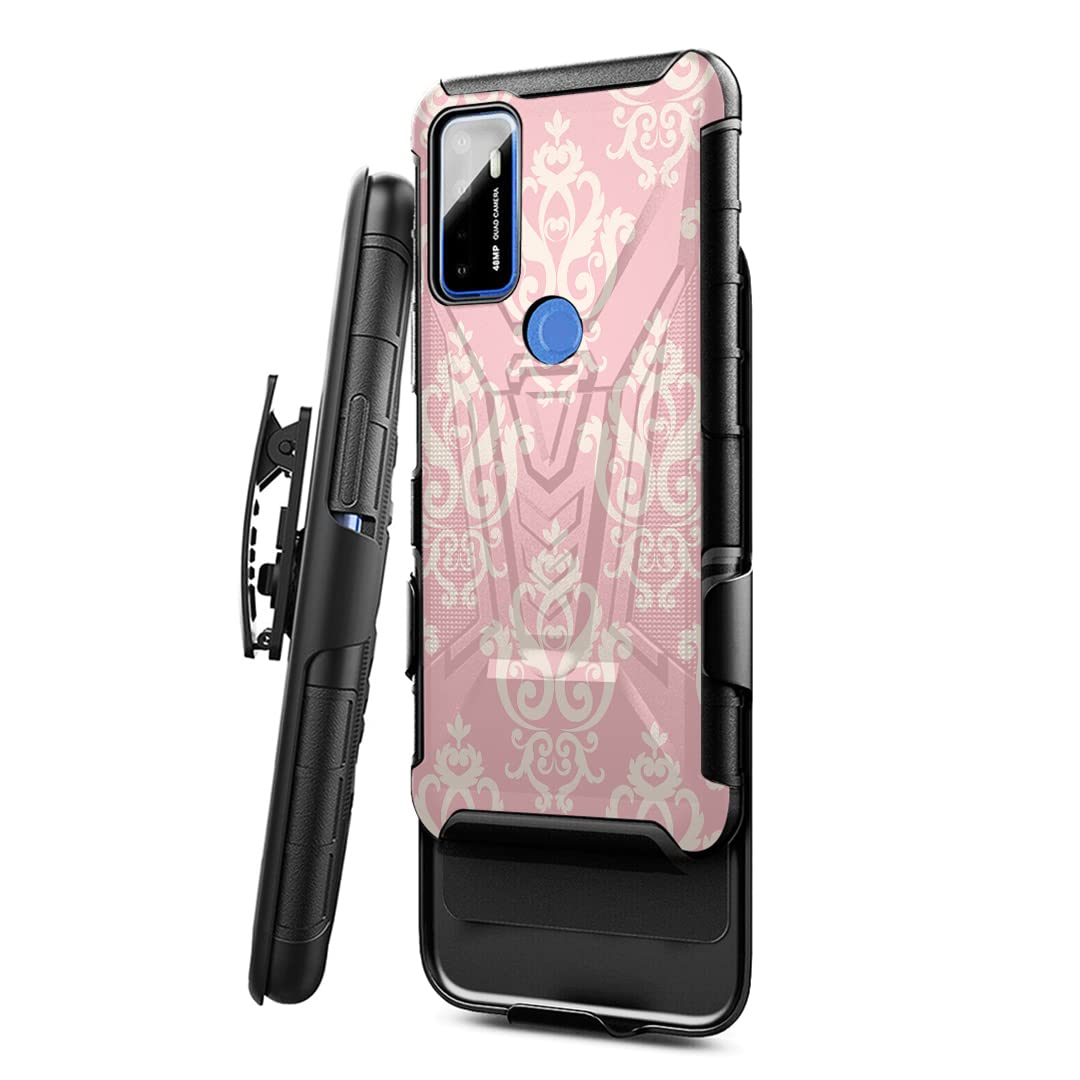 Military Shockproof Phone Case Compatible with Cricket Dream 5G & AT&T Radiant Max 5G - Heavy Duty Belt Clip Holster with Kickstand, Black & Pink Damask Design - Perfect for Outdoor Work, Construction, and Active Lifestyles