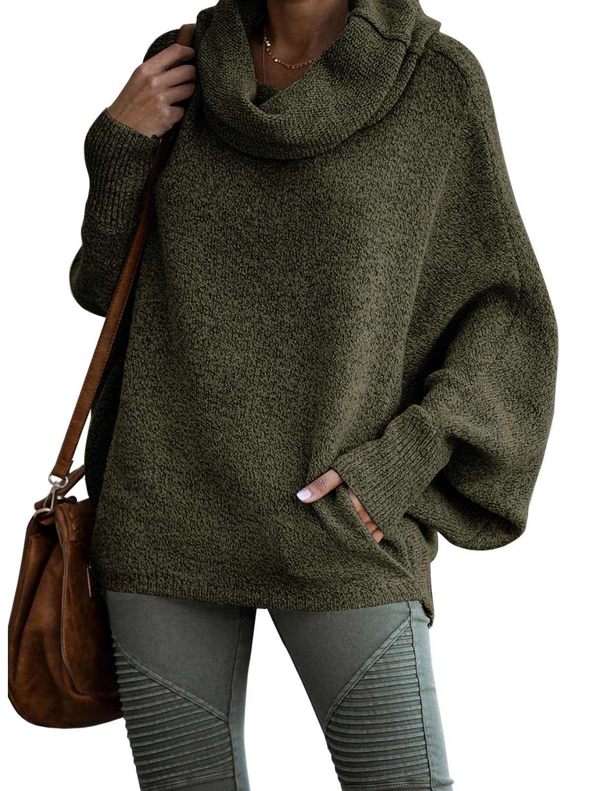 Women's Cozy Cowl Neck Pullover Sweater with Pockets - Long Sleeve Knit Batwing Tunic Top for Casual Wear | Perfect for Fall, Winter, Office & Weekend Outfits