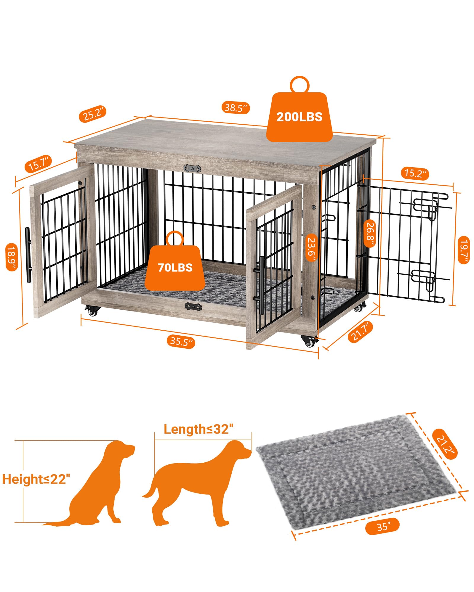 Premium Wooden Dog Crate Furniture with Cushion - Large Indoor Dog Kennel with Double Doors & Wheels - 38.5