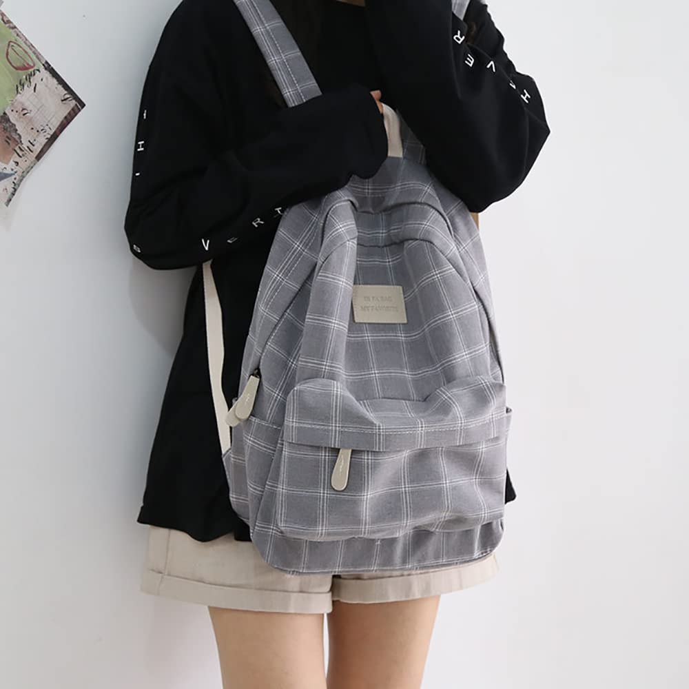 Light Academia Aesthetic Backpack - Plaid Preppy Bookbag for Teen Girls, Checkered School Backpack with Laptop Compartment (Stone) | Perfect for High School, College & Travel