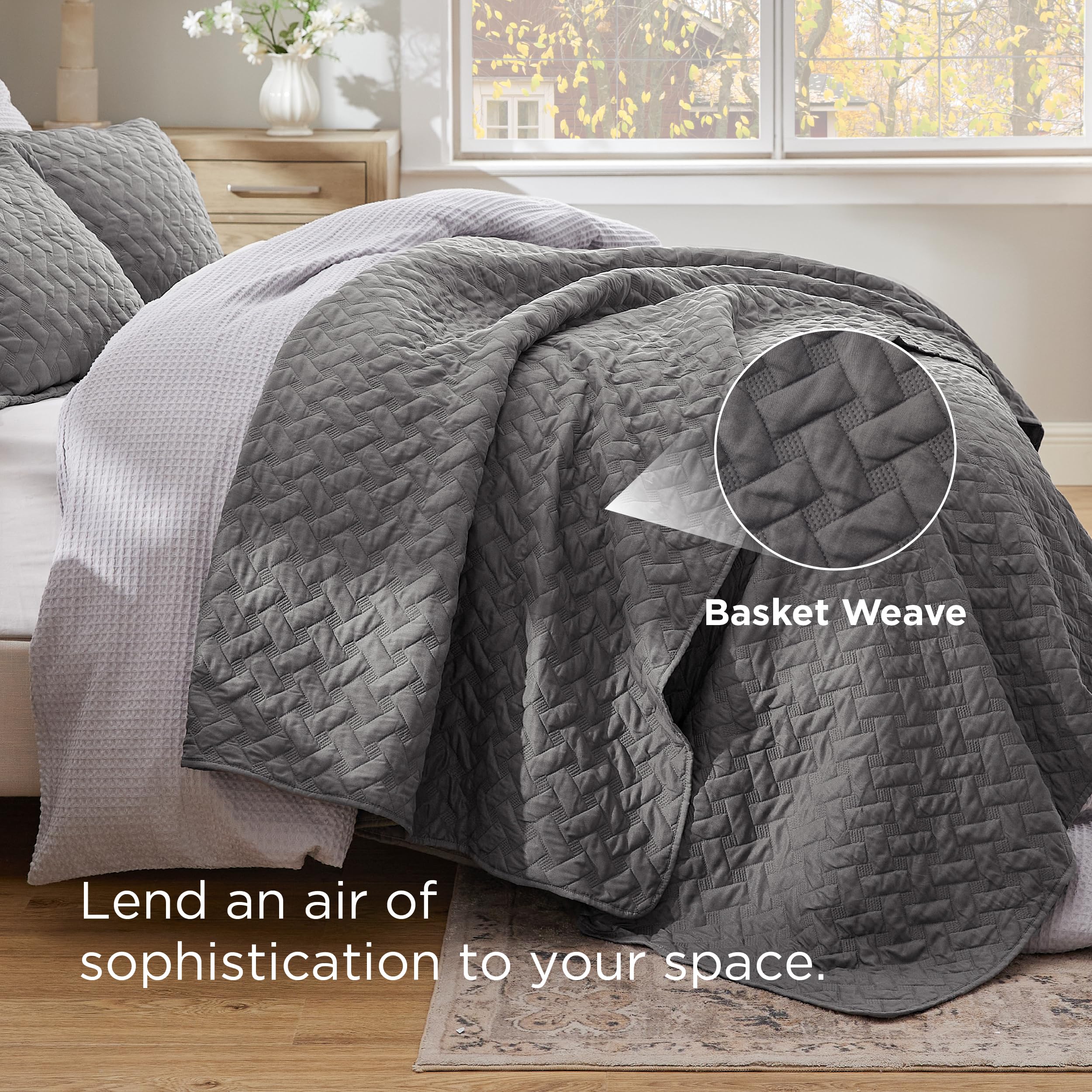 Bedsure Queen Size Lightweight Quilt Bedspread - Soft Basket Weave Pattern All Season Bedding Set with 2 Pillow Shams, Grey Comforter Coverlet for Master Bedroom, Guest Room & Dorm Decor
