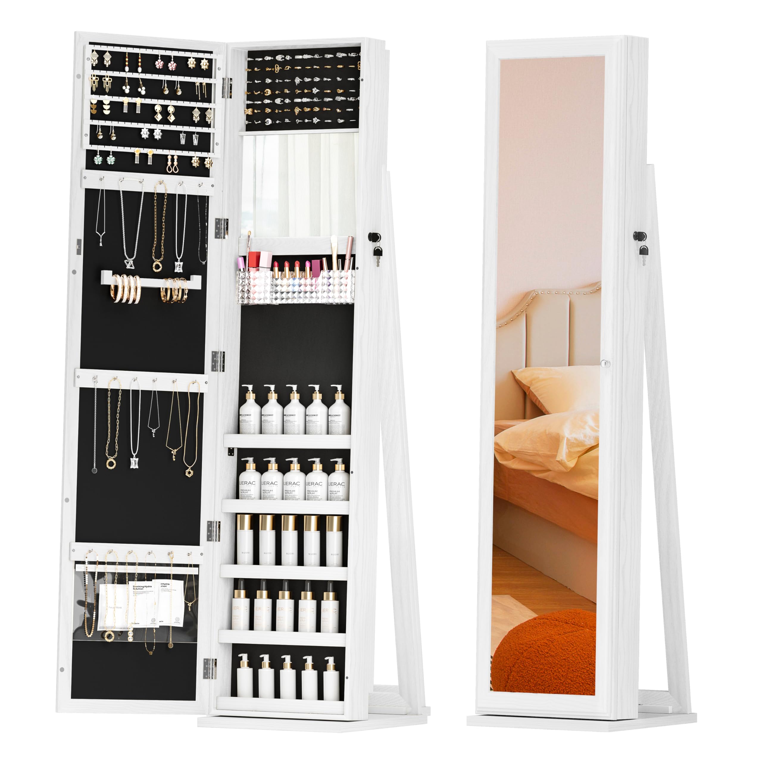 Full Length Mirror Jewelry Cabinet with Lock - Standing Jewelry Armoire Organizer for Women & Girls, White - Perfect for Bedroom, Closet & Dressing Room Storage