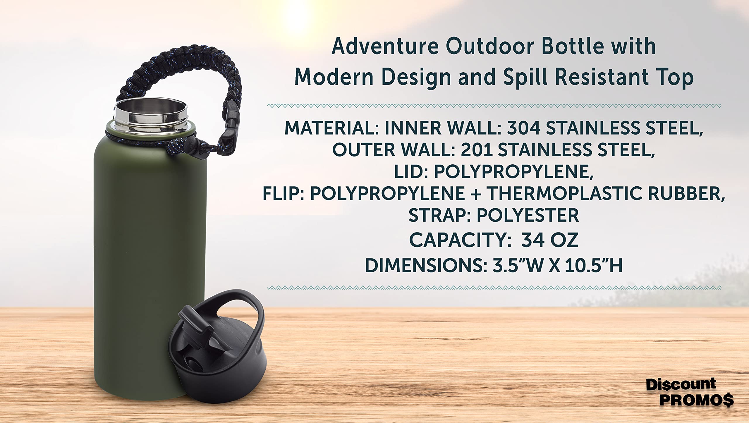 6 Pack Vulcan Stainless Steel Water Bottles 34oz - Double Wall Vacuum Insulated Army Green - Leak Proof with Strap - Perfect for Hiking, Camping & Outdoor Activities