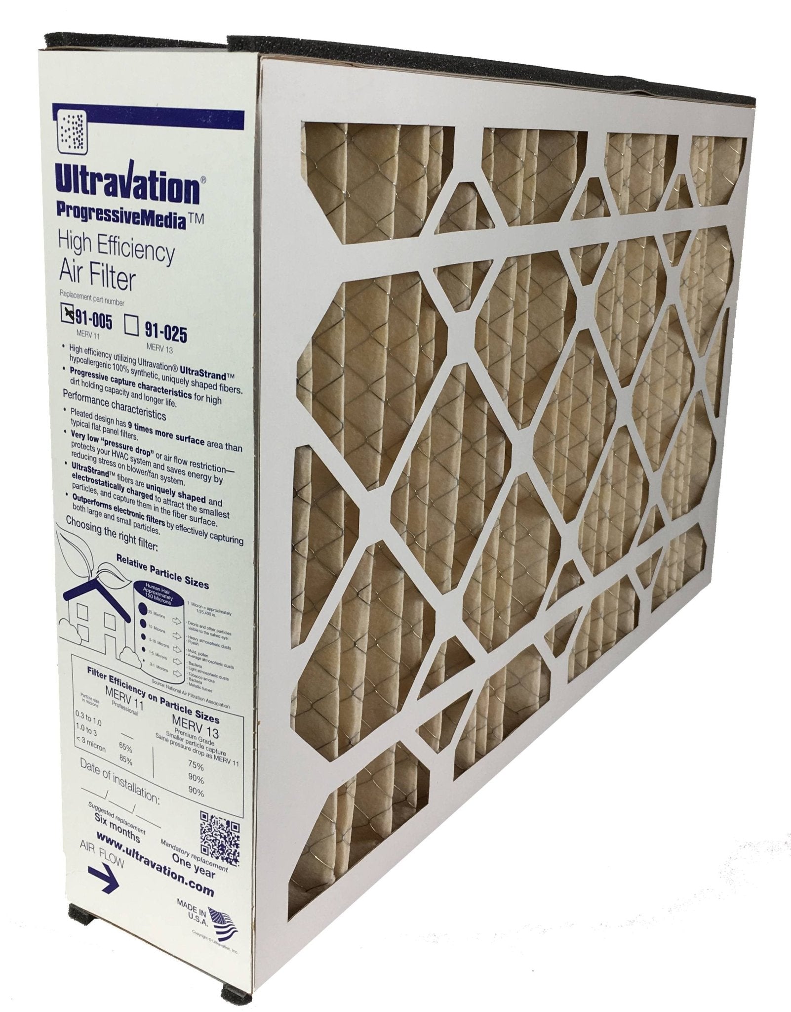 Ultravation 91 005 16x25x5 MERV 11 Replacement Furnace Air Filter - 2 Pack for Home HVAC System & AC Unit Maintenance
