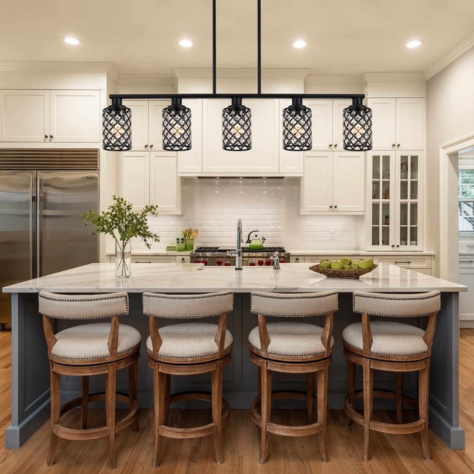 5-Light Black Linear Chandelier with Handmade Crystal Shade - Modern Kitchen Island Lighting & Dining Room Pendant Fixture for Tables | Perfect for Farmhouse, Contemporary Kitchens & Dining Areas