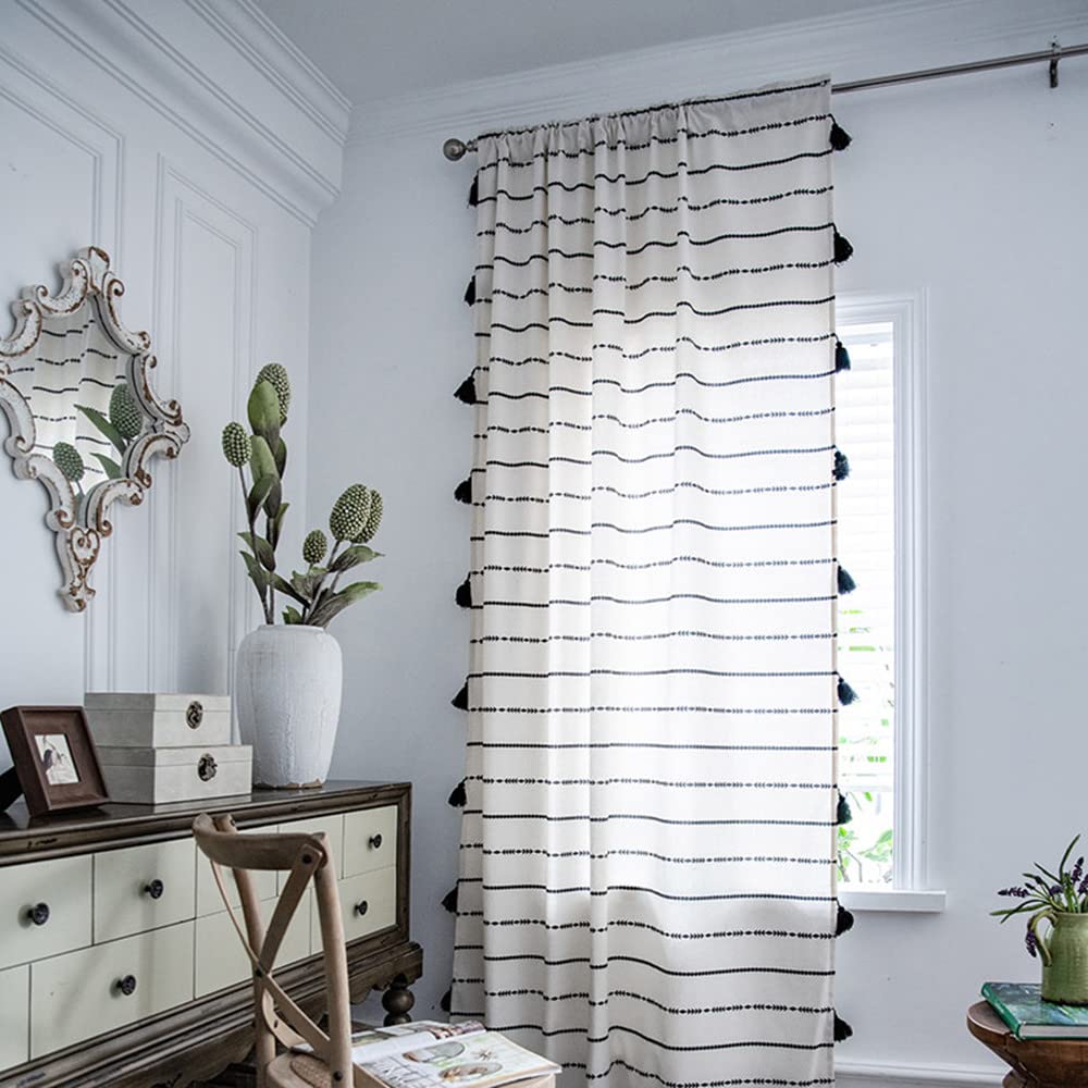Black and White Striped Tassel Kitchen Valances for Windows - 59W x 84L Pairs, Perfect for Modern Farmhouse and Coastal Home Decor