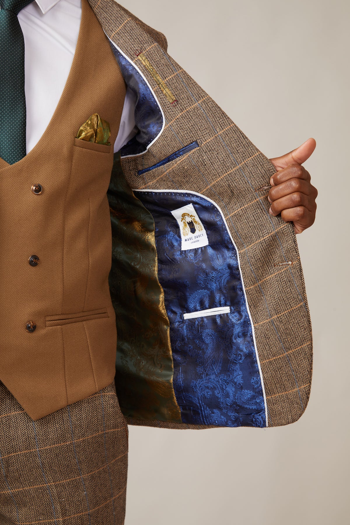 DX7 Tan Tweed Check Suit with Kelvin Oak Waistcoat - Premium Men's Formal Wear for Weddings, Business Meetings & Special Occasions