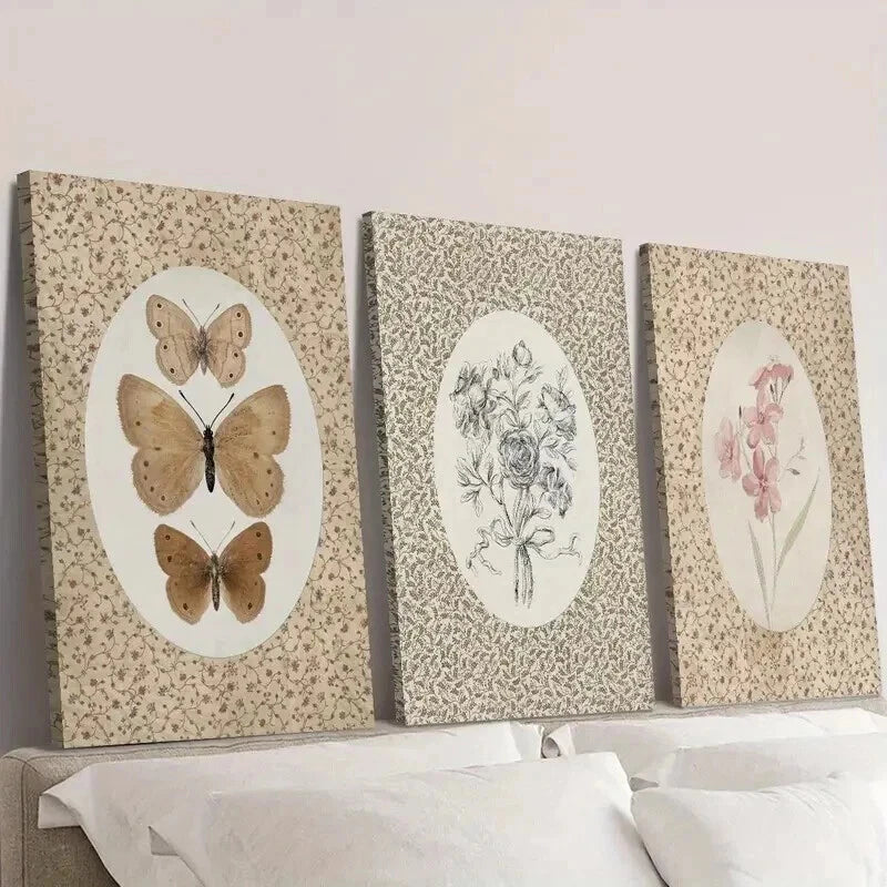 Vintage Butterfly Wall Art Set - 3PCS Antique Pink Floral Canvas Prints Framed 50x70cm, High Quality Australian Made Home Decor for Living Room, Bedroom & Office