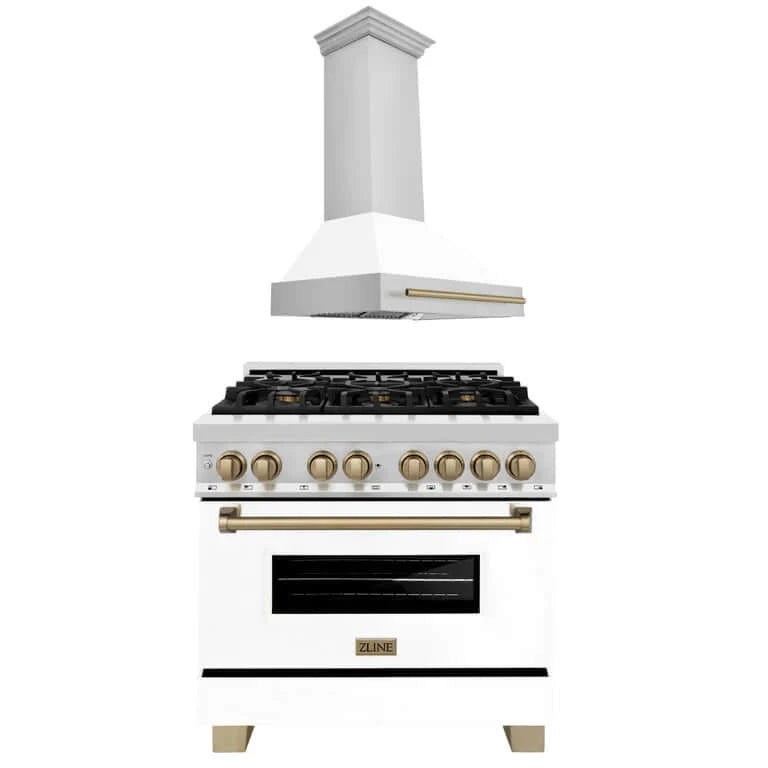 ZLINE Autograph Edition 36-inch Stainless Steel Dual Fuel Range with White Matte Door & Range Hood | Champagne Bronze Accents | Professional Kitchen Package for Home Chefs & Modern Kitchens (2AKP RAWMRH36 CB)