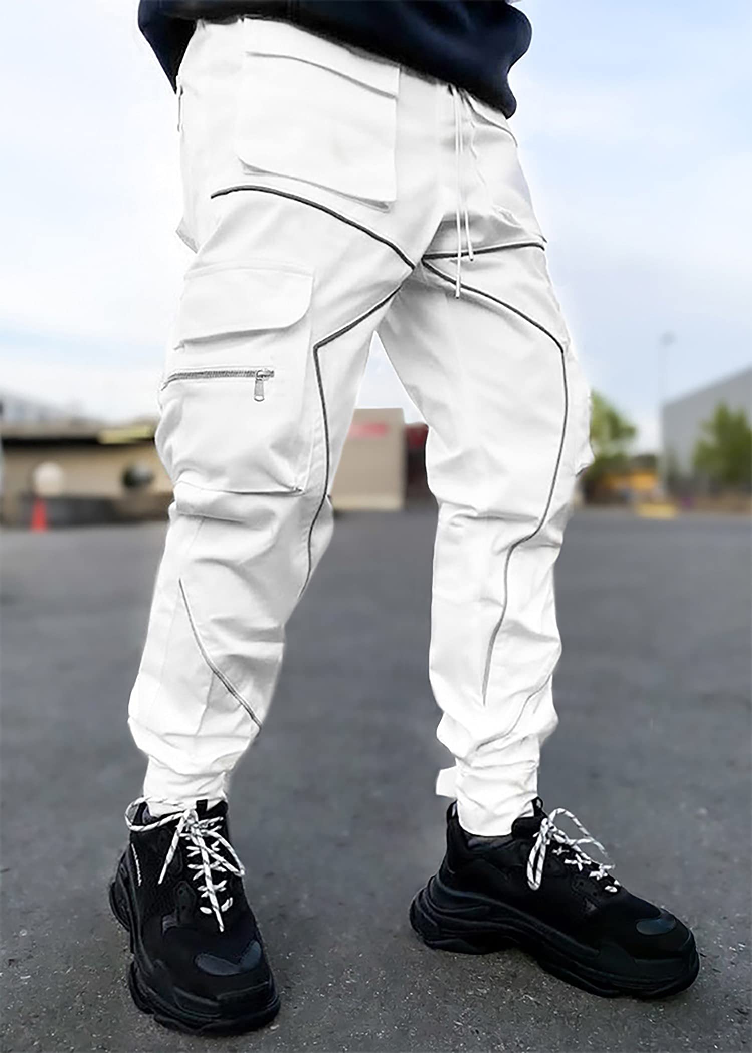 MOKEWEN Men's Reflective Casual Punk Jogger Cargo Pants with Multiple Pockets - Stylish Streetwear for Running, Hiking & Night Outfits