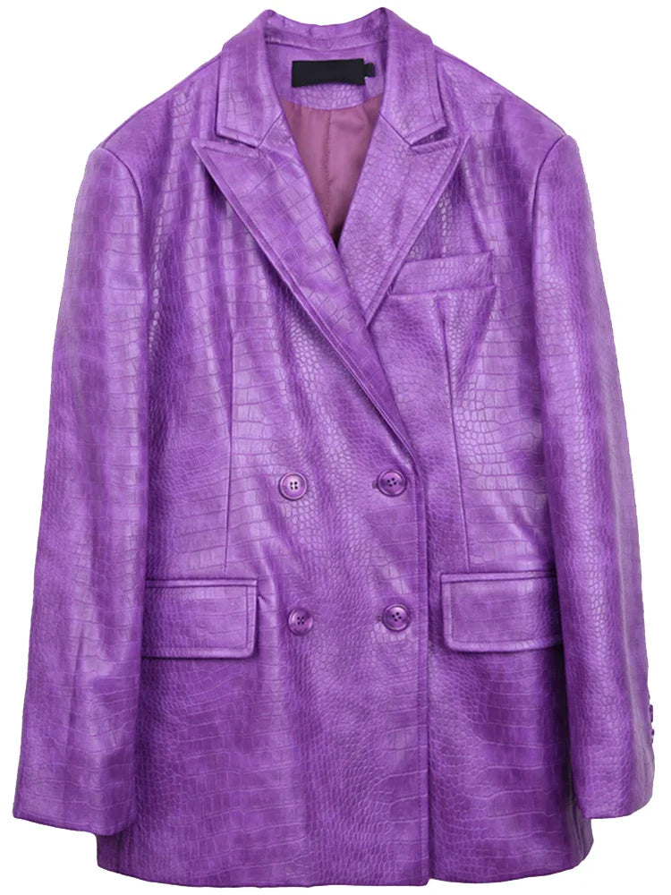 Stylish Oversized Purple Crocodile Print Faux Leather Blazer for Women - Long Sleeve Double Breasted Y2K Fashion Jacket | Perfect for Office Wear, Night Out & Retro Outfits