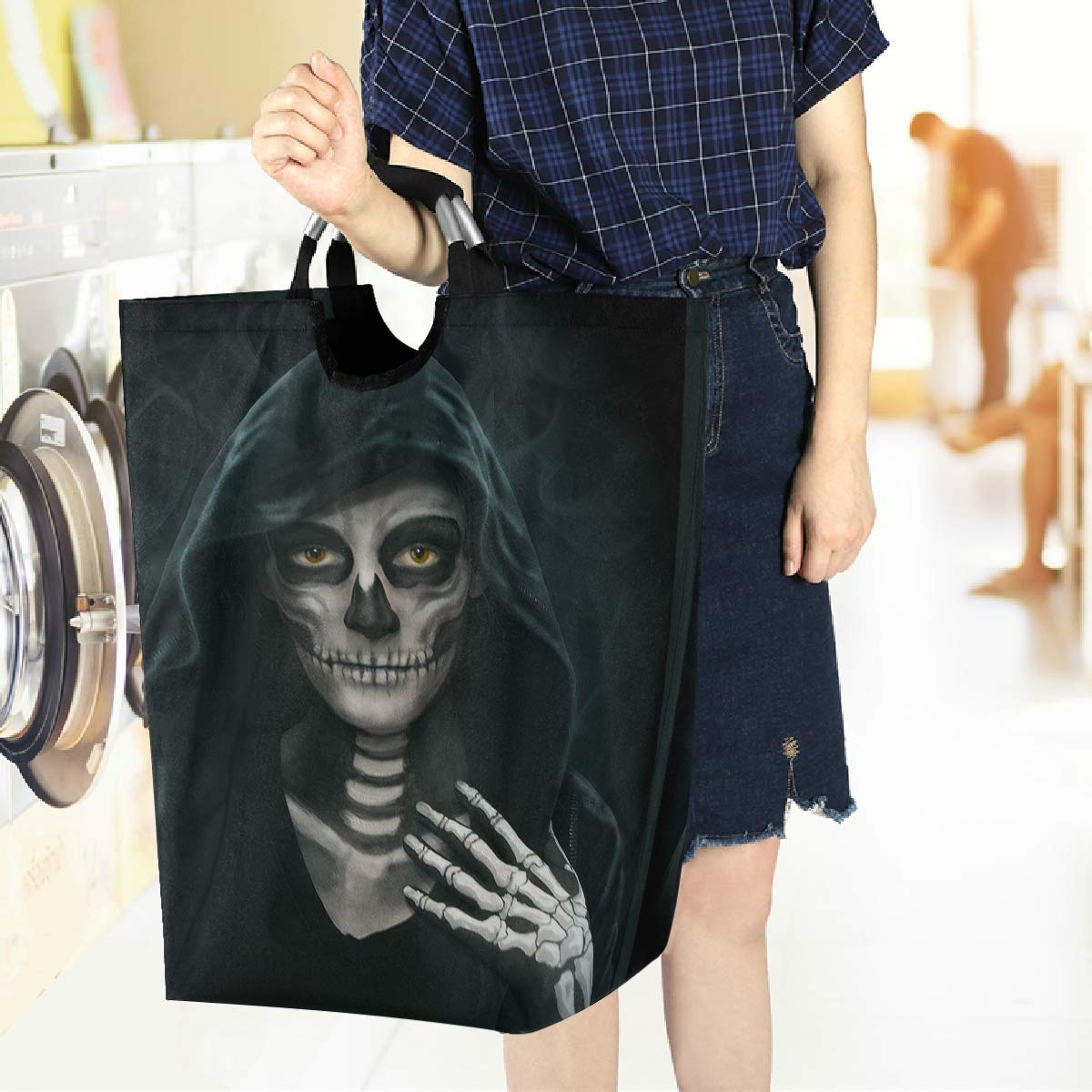 Visesunny Large Collapsible Laundry Hamper - Black Skull Witch Design, Foldable Oxford Fabric Laundry Basket with Handles, Waterproof Dirty Clothes Storage Bin for Washing Machine, Perfect for Dorm, Apartment & Travel Laundry Organization