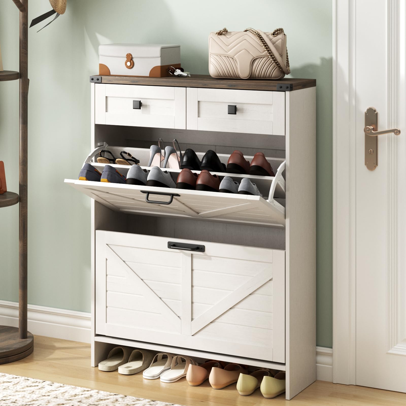 Farmhouse Shoe Storage Cabinet with 2 Flip Drawers & 2 Drawers - Slim Freestanding Entryway Organizer for Front Door - White | Perfect for Small Spaces, Hallway & Apartment Entry Organization
