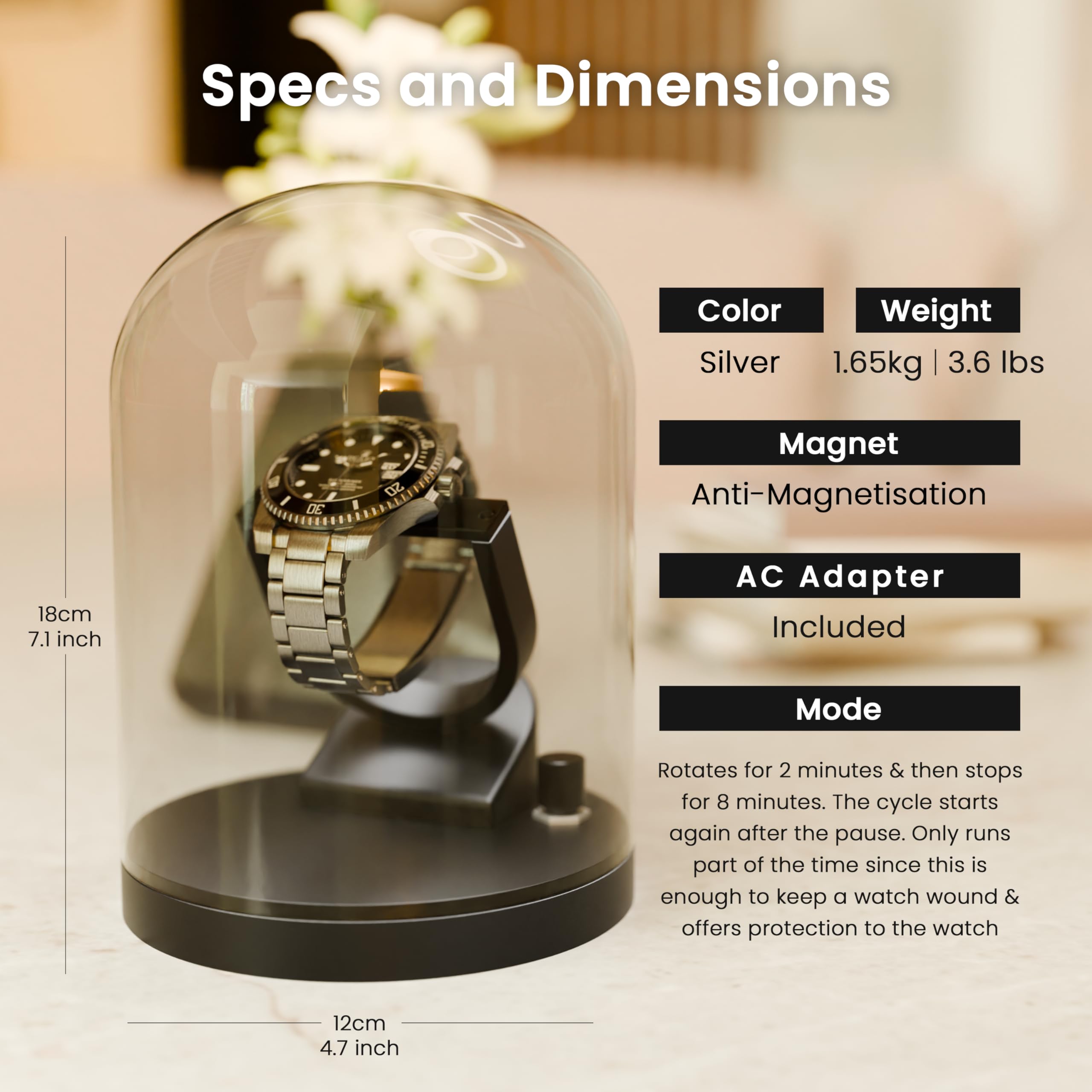 Elestoria Orbit Single Watch Winder - Automatic & Mechanical Watch Winder Box with Gyro Gyroscope Technology for Rolex & Luxury Watches | Clear Transparent Display | Perfect for Watch Collectors & Nightstand Storage