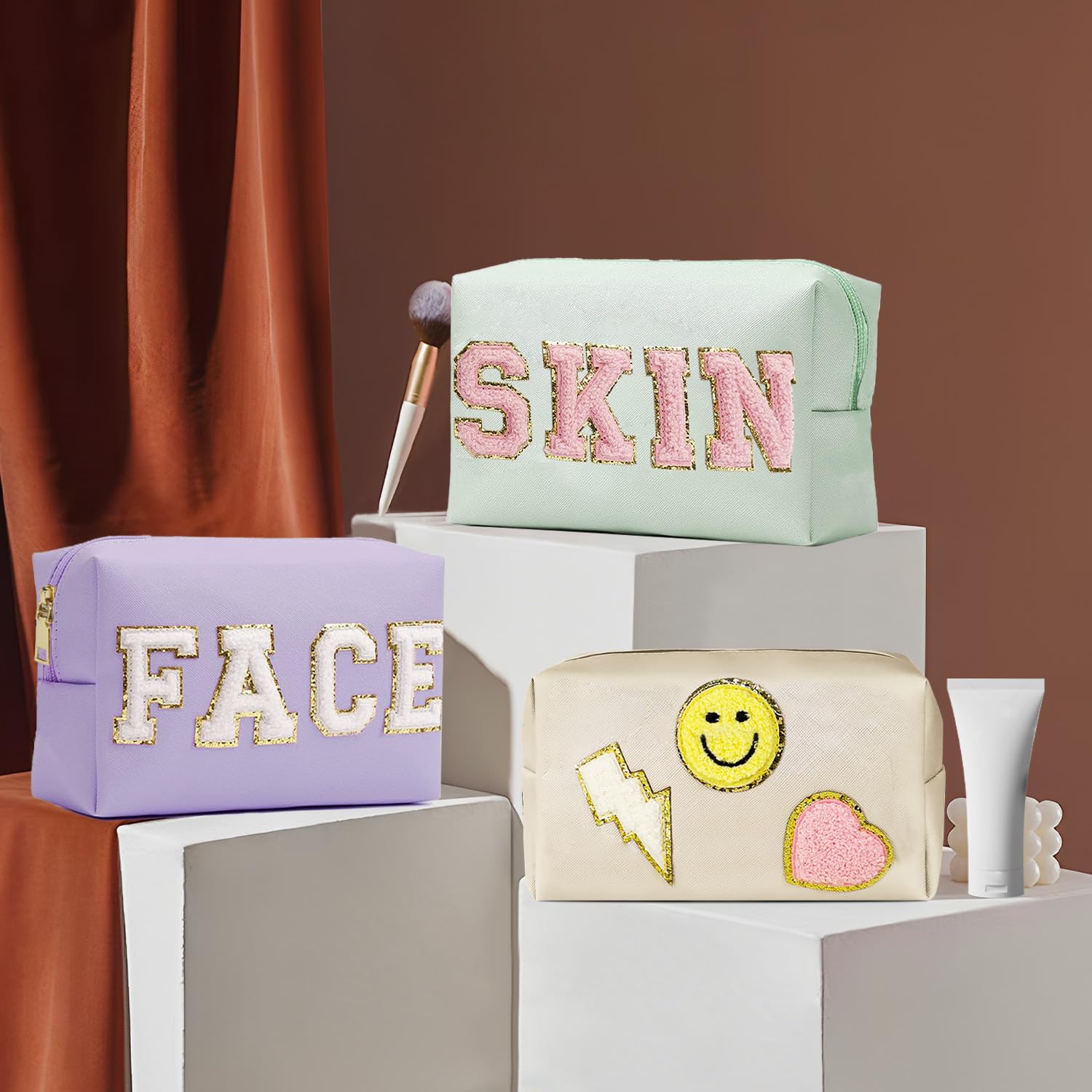 GEMLORD 3-Piece Preppy Patch Makeup Bags Set - Small Chenille Letter Cosmetic Pouches, Waterproof PU Leather Zipper Toiletry Bags for Women & Teen Girls (White, Blue, Pink) | Perfect for Travel, Gym, School & Daily Skincare Organization