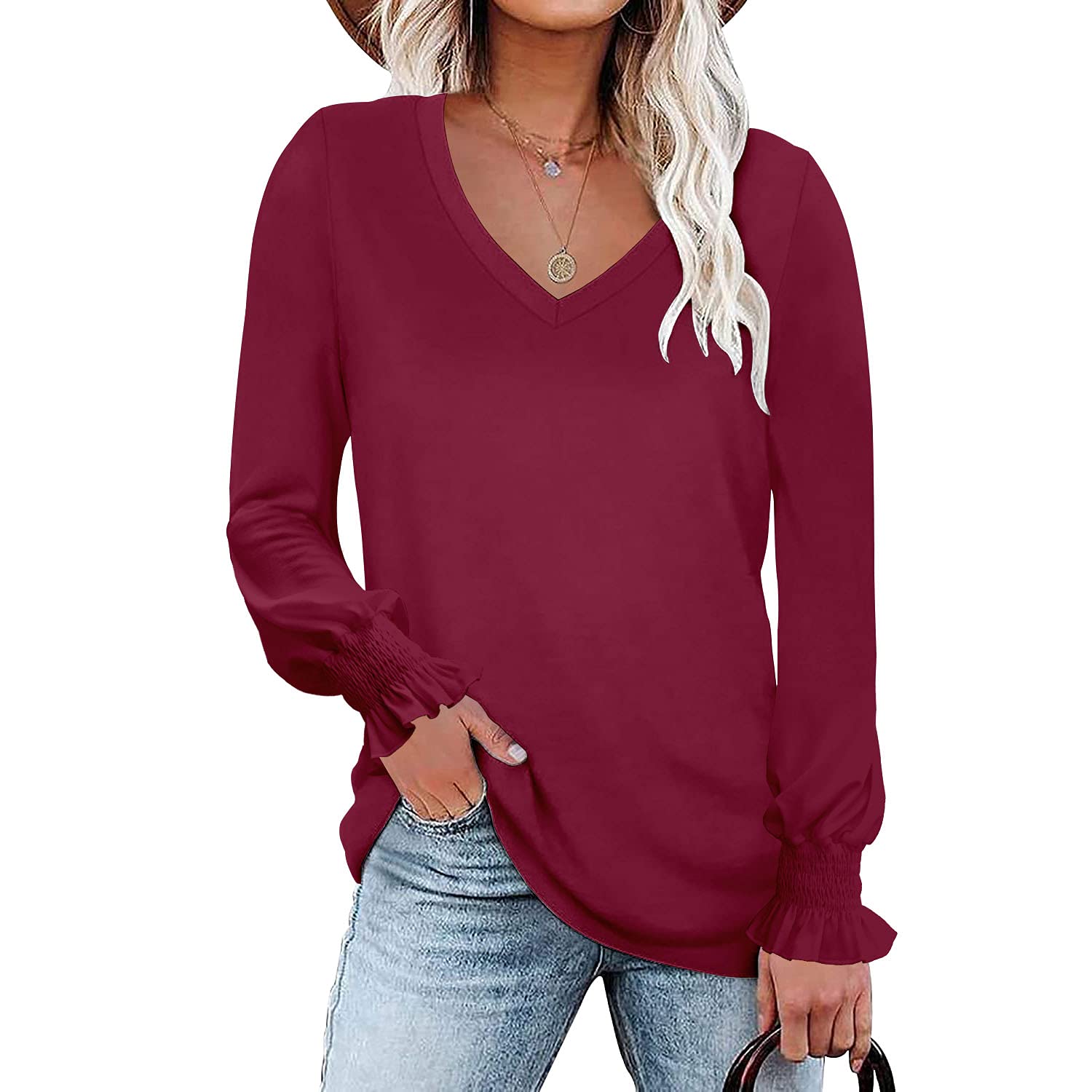 BESFLY Women's Summer V-Neck T-Shirt - Casual Long Sleeve Blouse Tunic Top for Work, Date Night & Everyday Wear | Breathable & Stylish Outfit