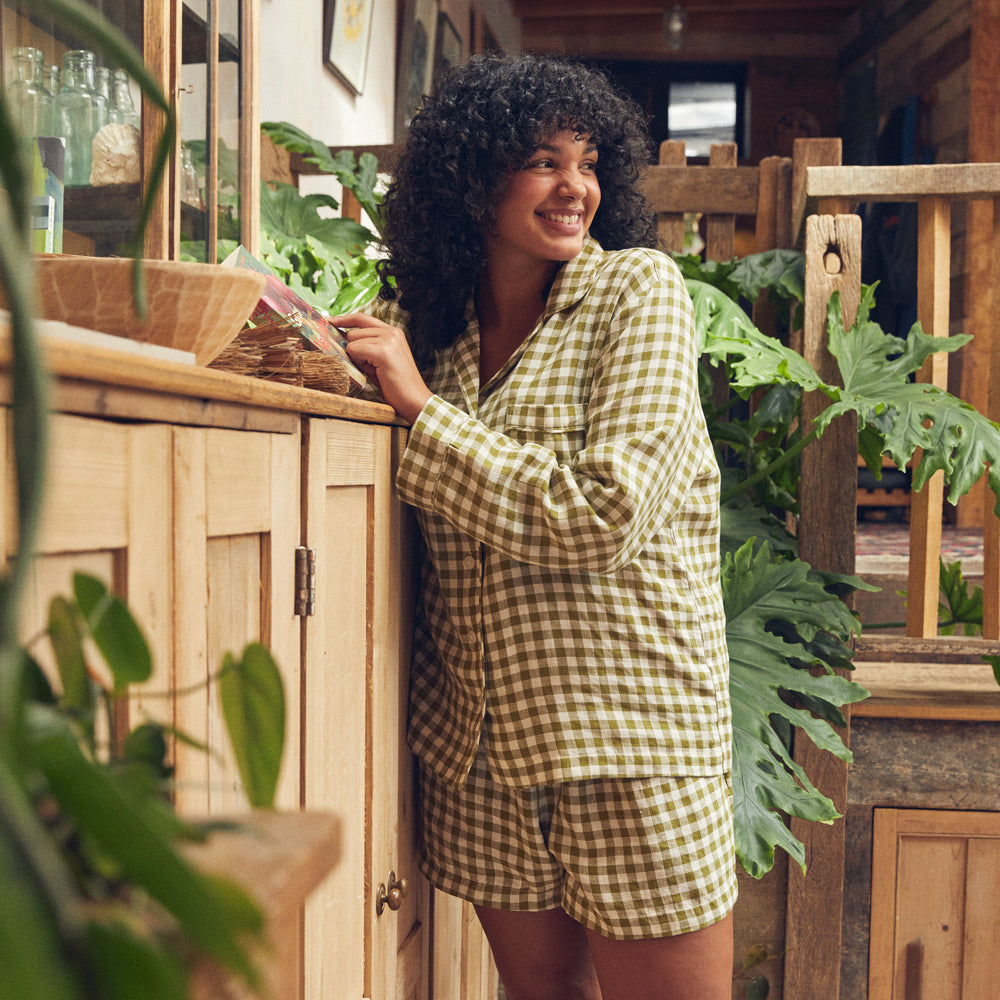 Botanical Green Gingham Linen Pajama Shorts Set for Women - Soft & Breathable Summer Sleepwear - Perfect for Lounging, Vacation & Bedtime Comfort