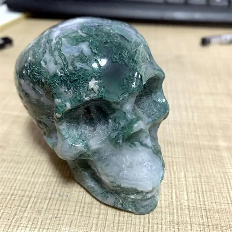 Natural Moss Agate Skull Carving - Healing Crystal Gemstone Sculpture for Home Decor, Meditation & Spiritual Healing (1PC) | Perfect for Yoga Spaces, Altars & Gift Giving