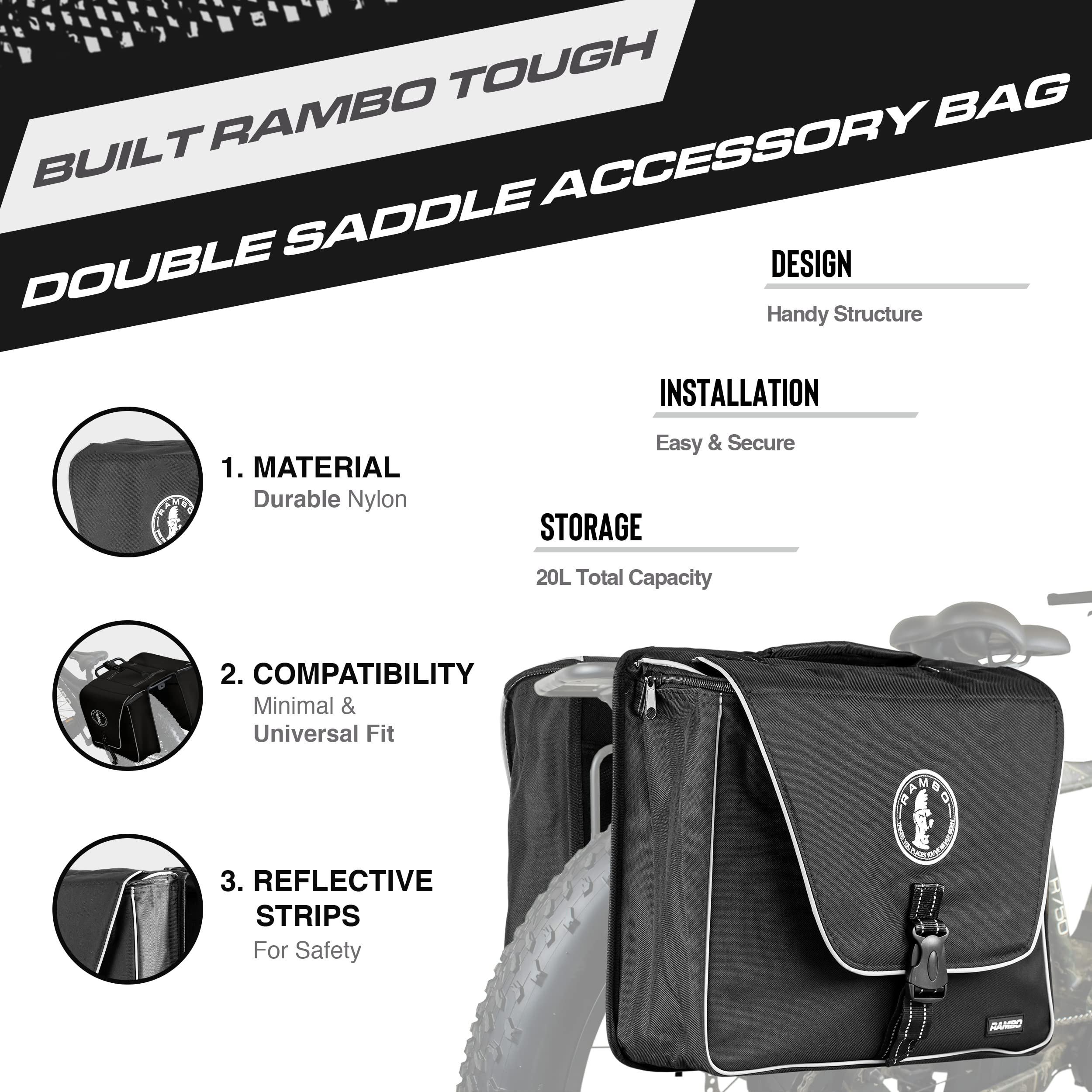 **Rambo Bikes Double Saddle Bag - 20L Waterproof Bike Storage Bag - Durable Nylon Material & Secure Mounting System - Fits Most Bike Racks - Black - Perfect for Commuting, Cycling Tours & Outdoor Adventures**