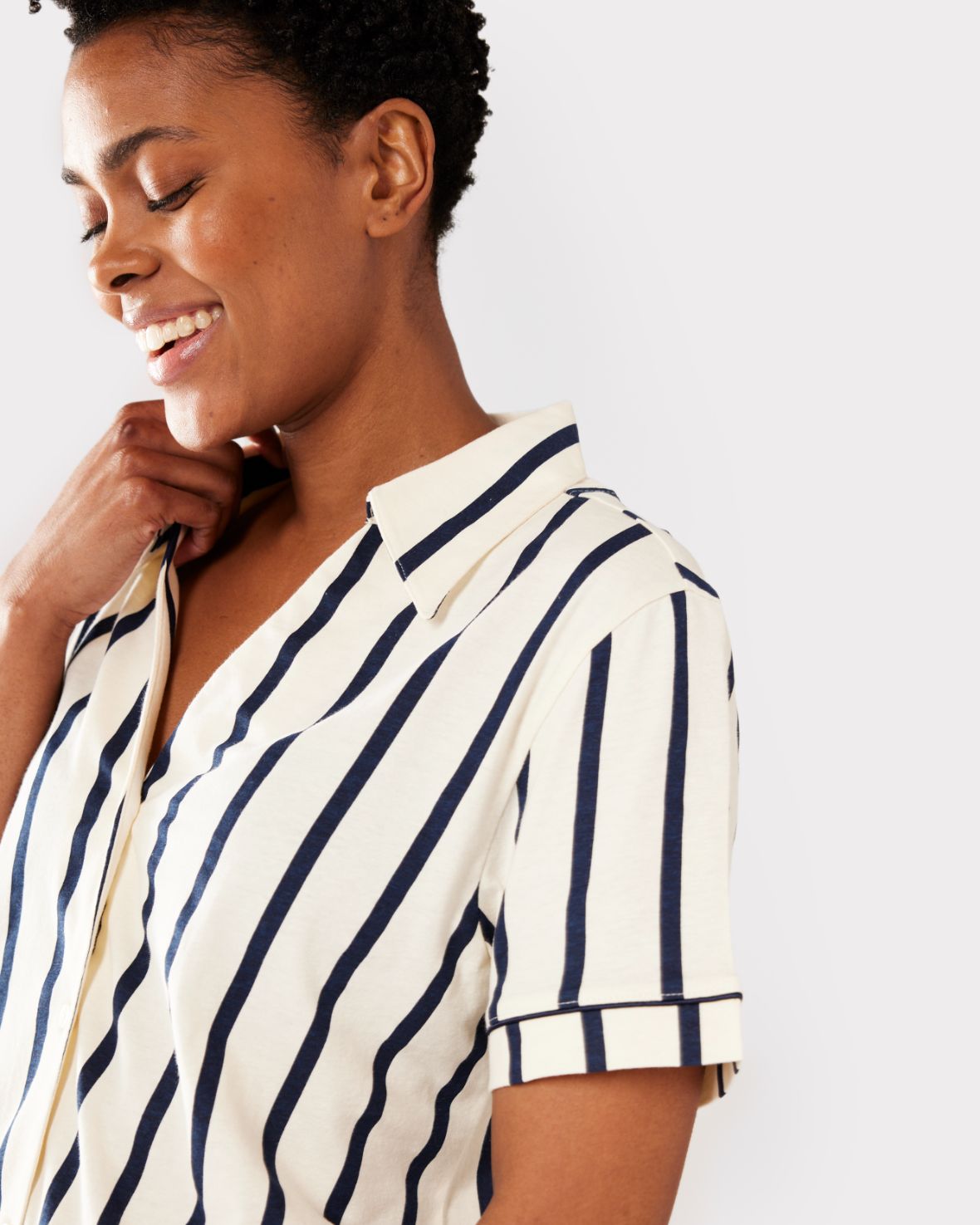 Organic Cotton Striped Short Pajama Set for Women - Navy Blue Sleepwear for Summer & Lounge Wear - Comfortable Nightwear for Relaxing at Home