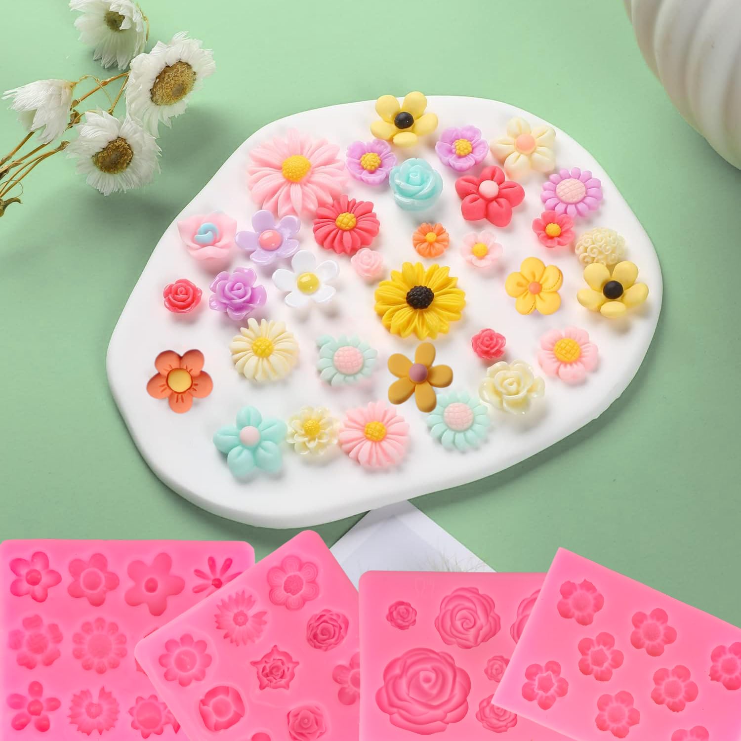 4Pcs Silicone Flower Molds Set - Rose & Daisy Chocolate Candy Molds for Baking, Fondant, Soap, Ice Cube & Wax Melts - Perfect for Cake Decorating, DIY Crafts & Party Treats
