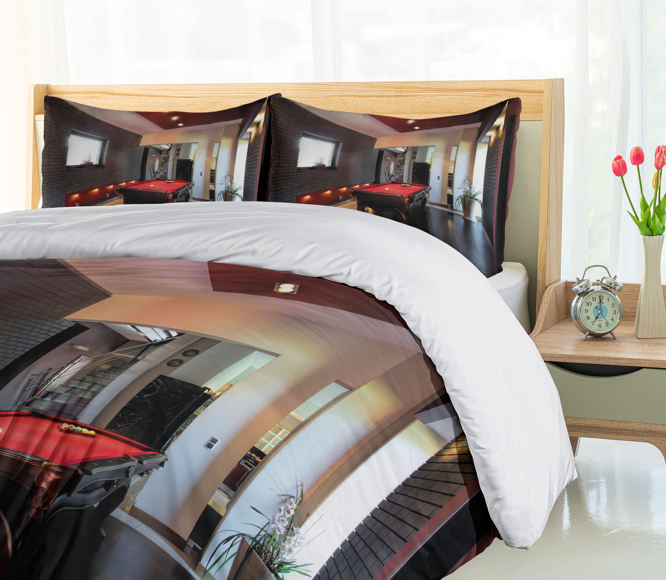 Ambesonne Modern Duvet Cover Set - Snooker Table & Pool Game Print 3-Piece Bedding Set with 2 Pillow Shams, California King Size, Red Brown White - Perfect for Game Rooms, Man Caves & Leisure Themed Bedrooms