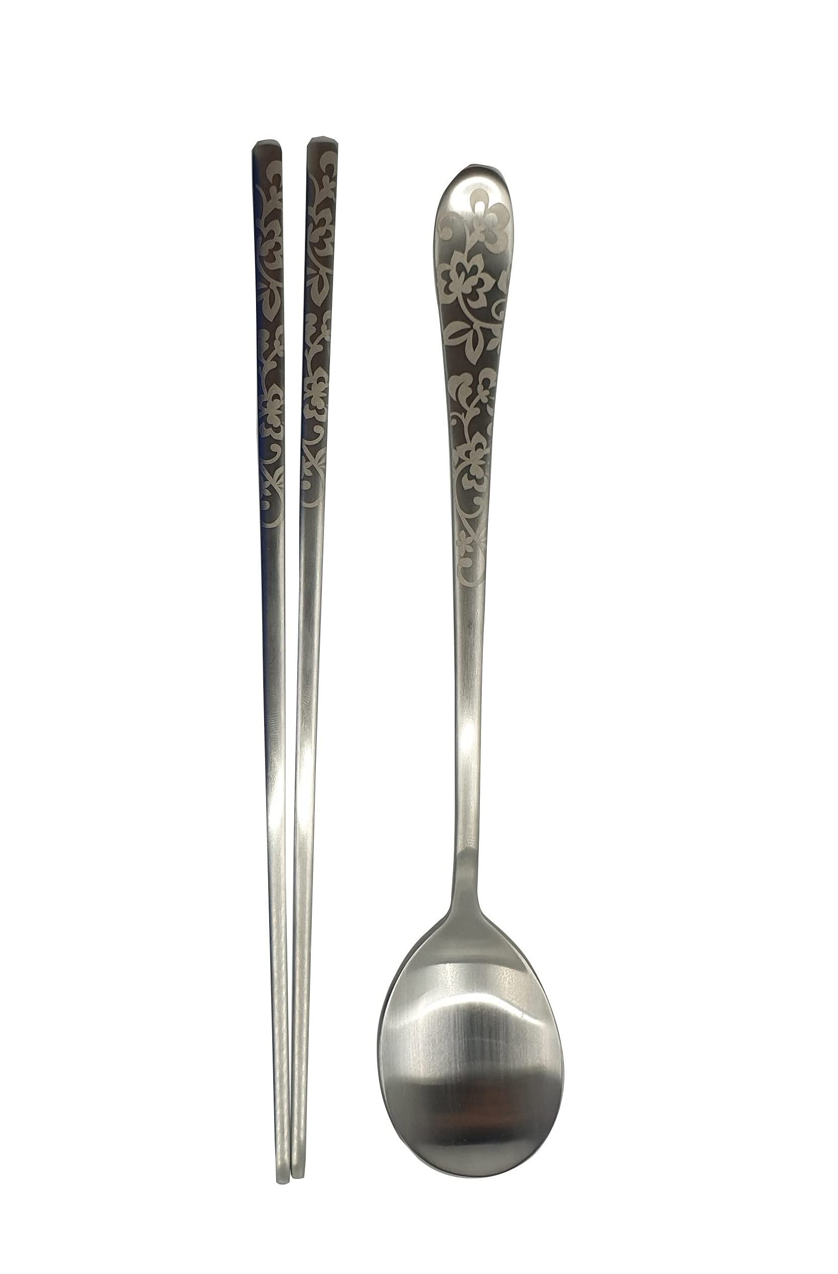 Premium Korean Metal Chopsticks and Spoon Set - Stainless Steel with Elegant Ivy Print (IVY-Silver) - Perfect for Asian Dining, Home Kitchen & Gift Giving