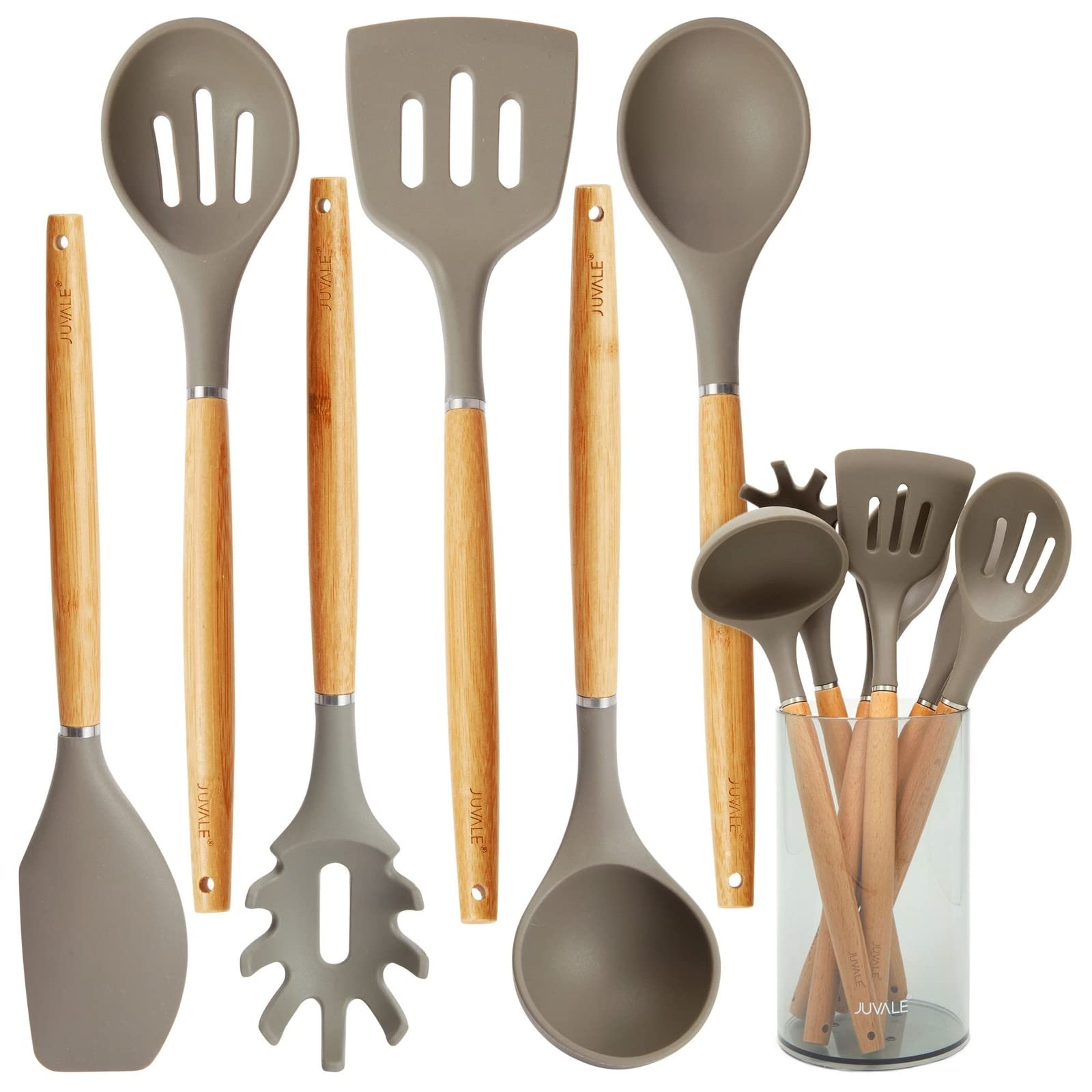 **Juvale 7-Piece Silicone & Bamboo Kitchen Utensil Set with Holder - Non-Stick Cooking Tools (Ladle, Turner, Spoon, Pasta Server, Spatula) - Scratch-Resistant & Eco-Friendly for Baking, Frying & Serving**    *(Ideal for Home Chefs, Restaurants & Healthy Cooking Enthusiasts)*