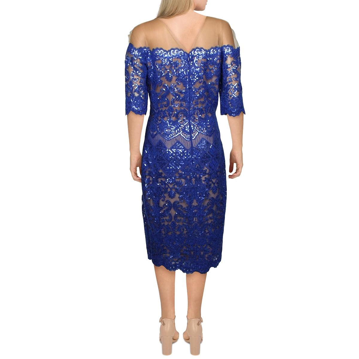 Tadashi Shoji Women's Elegant Short Sleeve Sequin Party Dress with Illusion Neckline - Perfect for Evening Events, Weddings & Special Occasions