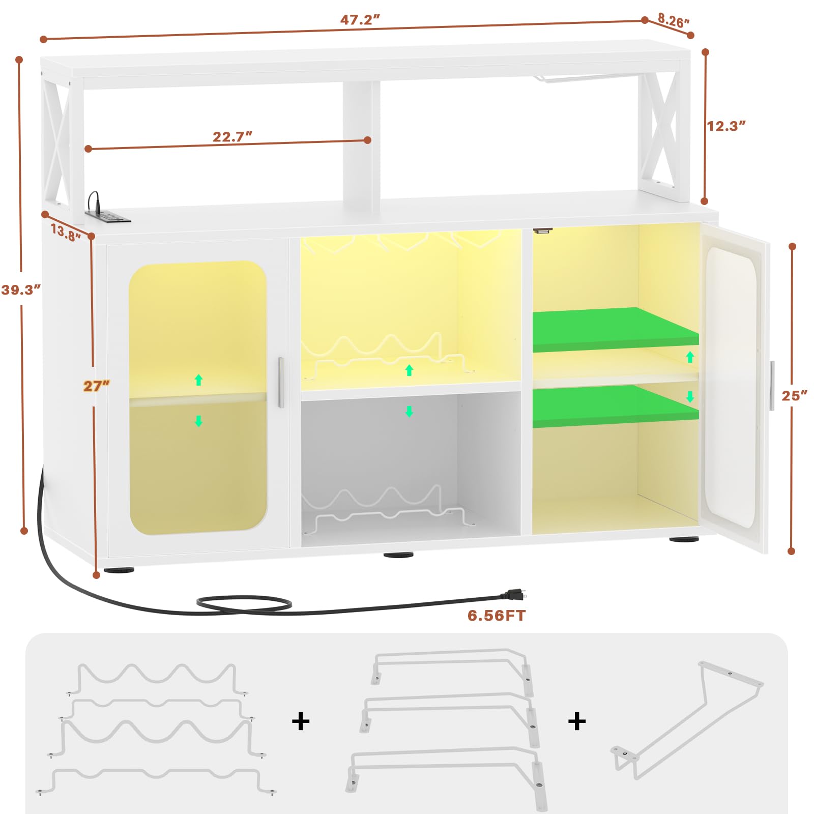 Aheaplus Modern Bar Cabinet with Power Outlet & LED Lights - Wine Storage Cabinet with Glass Holders, Adjustable Shelves - Perfect for Home Bar, Kitchen Coffee Station & Entertaining - White (Model S3)