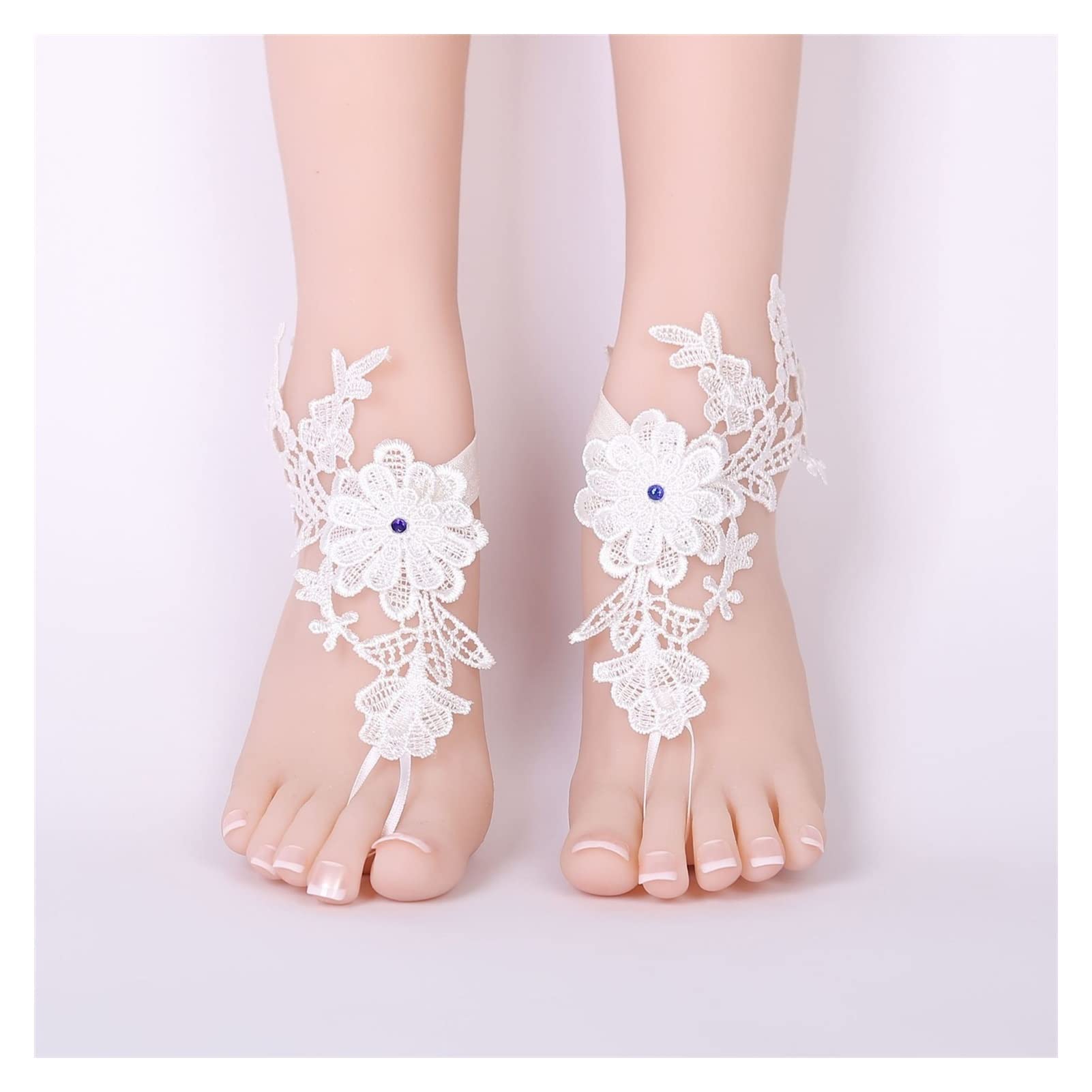 White Lace Embroidered Ankle Bracelet for Women - Adjustable Barefoot Jewelry - One Size Fits 36-40 - Perfect for Beach Weddings, Summer Vacations & Boho Fashion