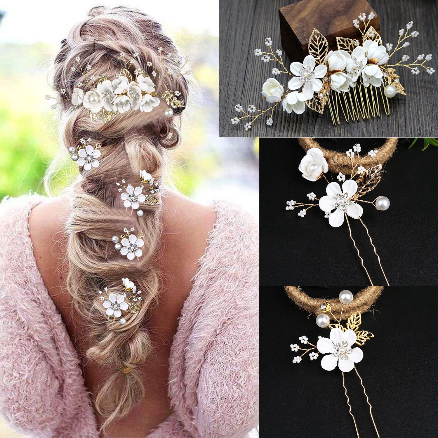5 PCS Gold Crystal Pearl Wedding Hair Pins - Rhinestone Bridal Hair Clips Headpiece for Brides, Bridesmaids, Women & Girls - Perfect for Updos, Weddings, Prom & Special Occasions (Pure White Flower)