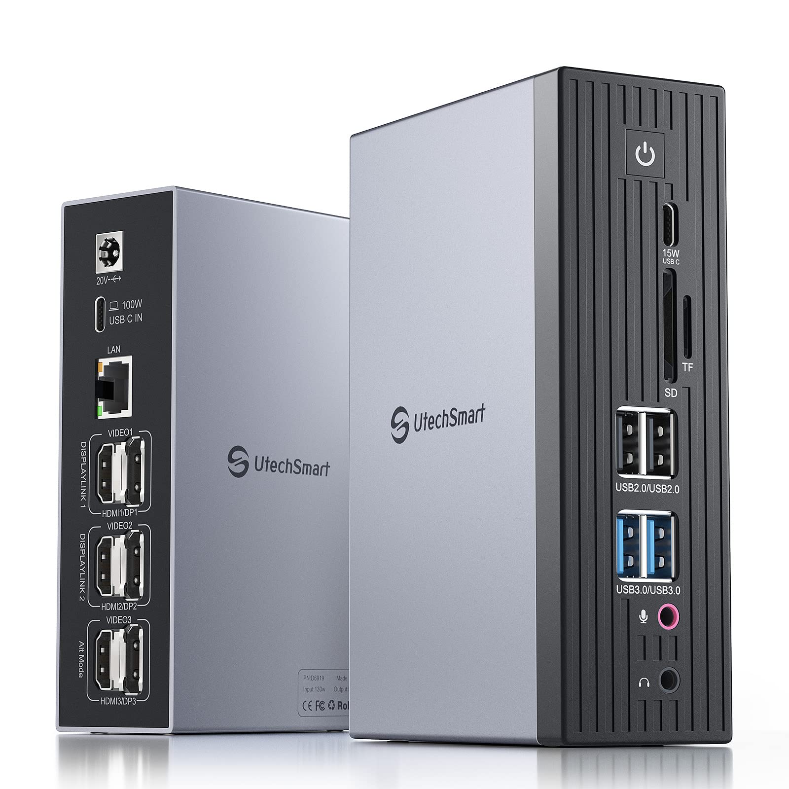 UtechSmart 18-in-1 Triple Monitor Docking Station for Thunderbolt 3/4 & USB-C Laptops - 4K@60Hz, 100W PD, 3x HDMI/DisplayPort, 4 USB Ports - Compatible with MacBook & Windows PCs - Perfect for Home Office, Gaming & Multi-Task Workspaces