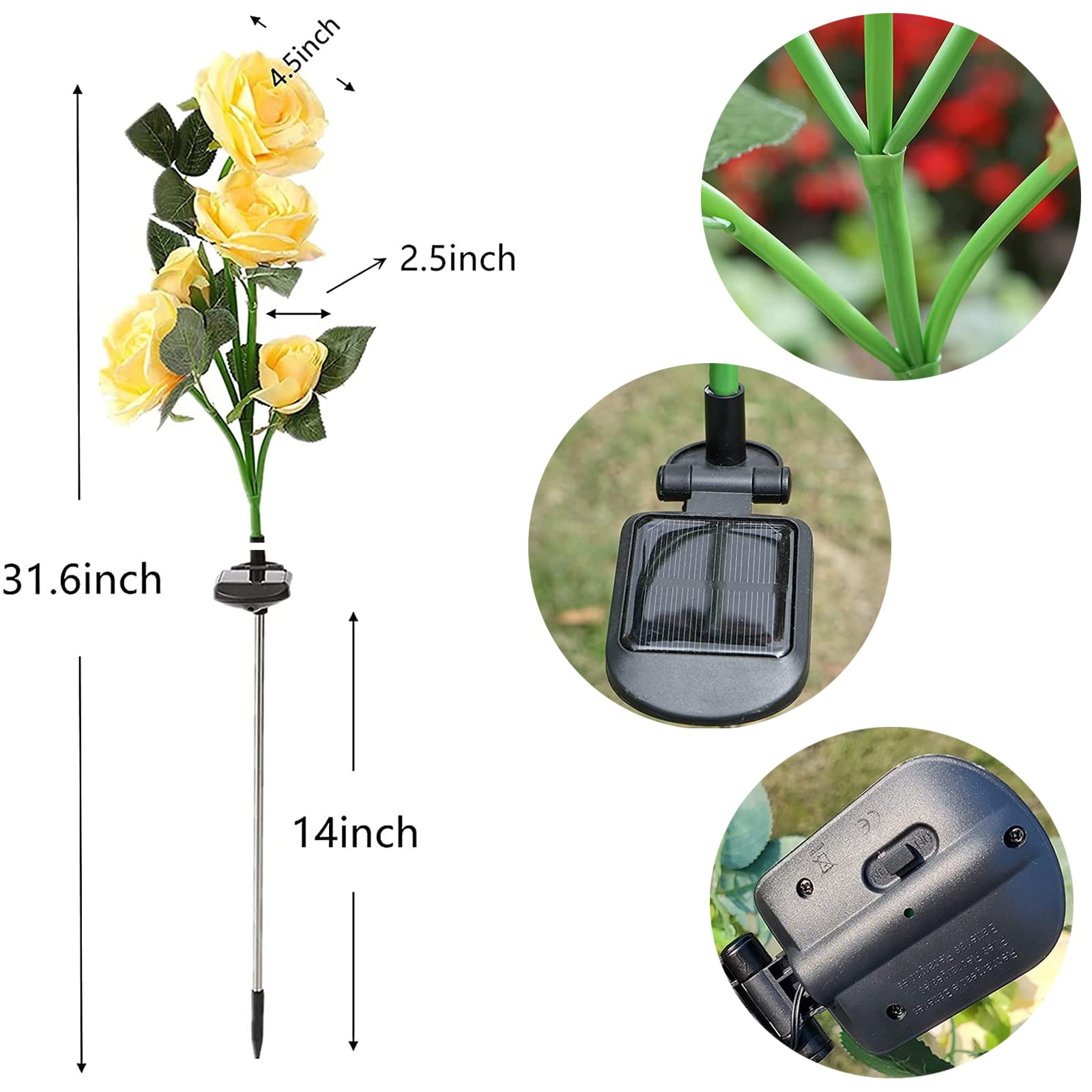 SmilingTown Solar Garden Stake Lights 2 Pack - 10 Rose Flowers Outdoor Solar Pathway Lights, Waterproof Landscape Lighting for Yard, Lawn, Pathway, Courtyard, Cemetery (Yellow) | Perfect for Evening Garden Decor & Memorial Tributes
