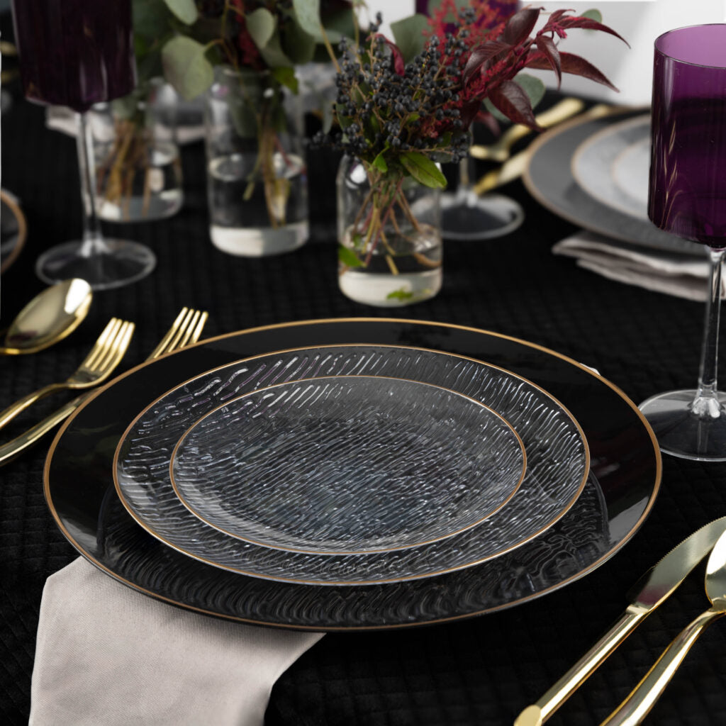 24-Pack Clear & Gold Rim Round Plastic Dinnerware Set for 12 Guests - Elegant Disposable Plates, Cups & Cutlery for Parties, Weddings & Holiday Gatherings