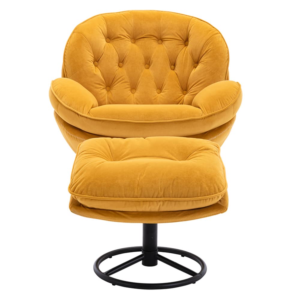 Velvet Swivel Accent Chair with Ottoman Set - 360 Degree Rotating Modern Lounge Chair with Footrest, Comfortable Armchair for Living Room, Bedroom & Office - Yellow Soft Fabric Leisure Sofa for Relaxing & Reading
