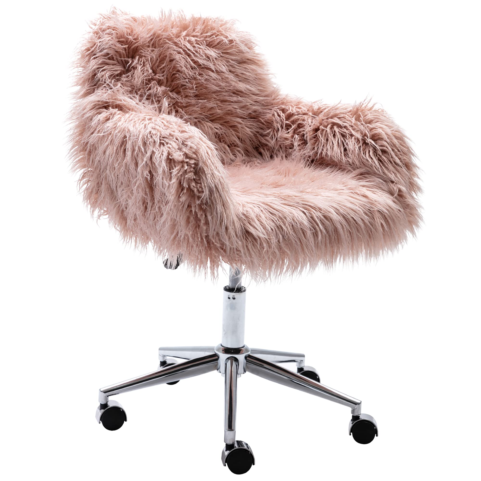 Fluffy Faux Fur Office Desk Chair with Wheels - Modern Swivel Armchair for Women & Girls, Soft Comfy Elegant Accent Makeup Vanity Chair for Home, Bedroom, Dressing Room - Perfect for Work, Study & Beauty Routine (Pink)