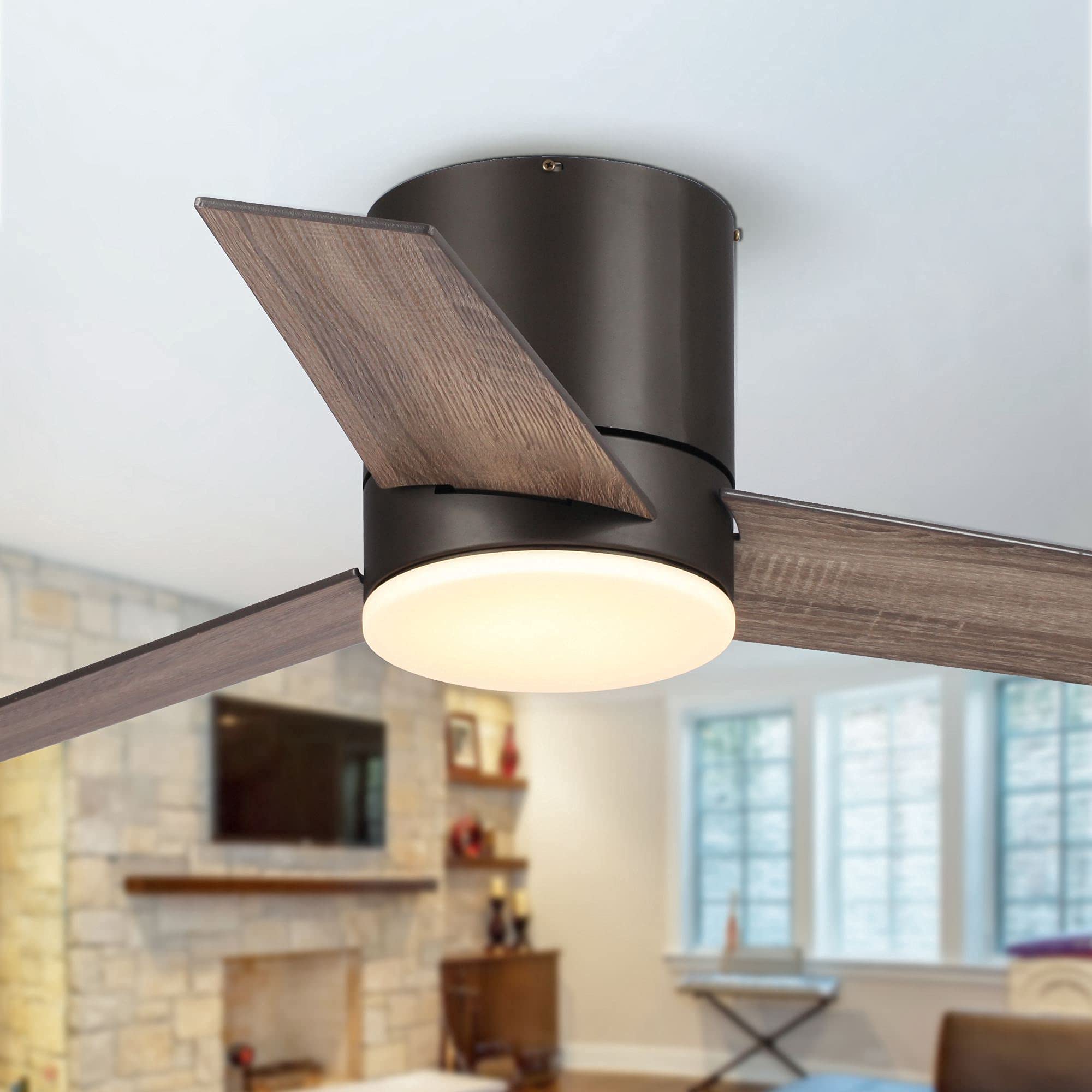 Parrot Uncle 48 Inch Low Profile Flush Mount Ceiling Fan with LED Light and Remote Control - Adjustable Light Color, Quiet Reversible Motor, Perfect for Bedroom, Living Room or Office (Brown)