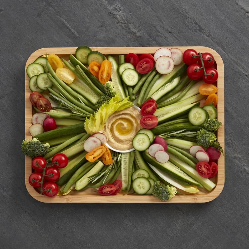 Farberware Bamboo Cutting Board with Built-in Compartments & Locking Lid - Navy Handles - Perfect for Charcuterie, Cheese, Snacks - Ideal for Entertaining, Kitchen Prep & Serving