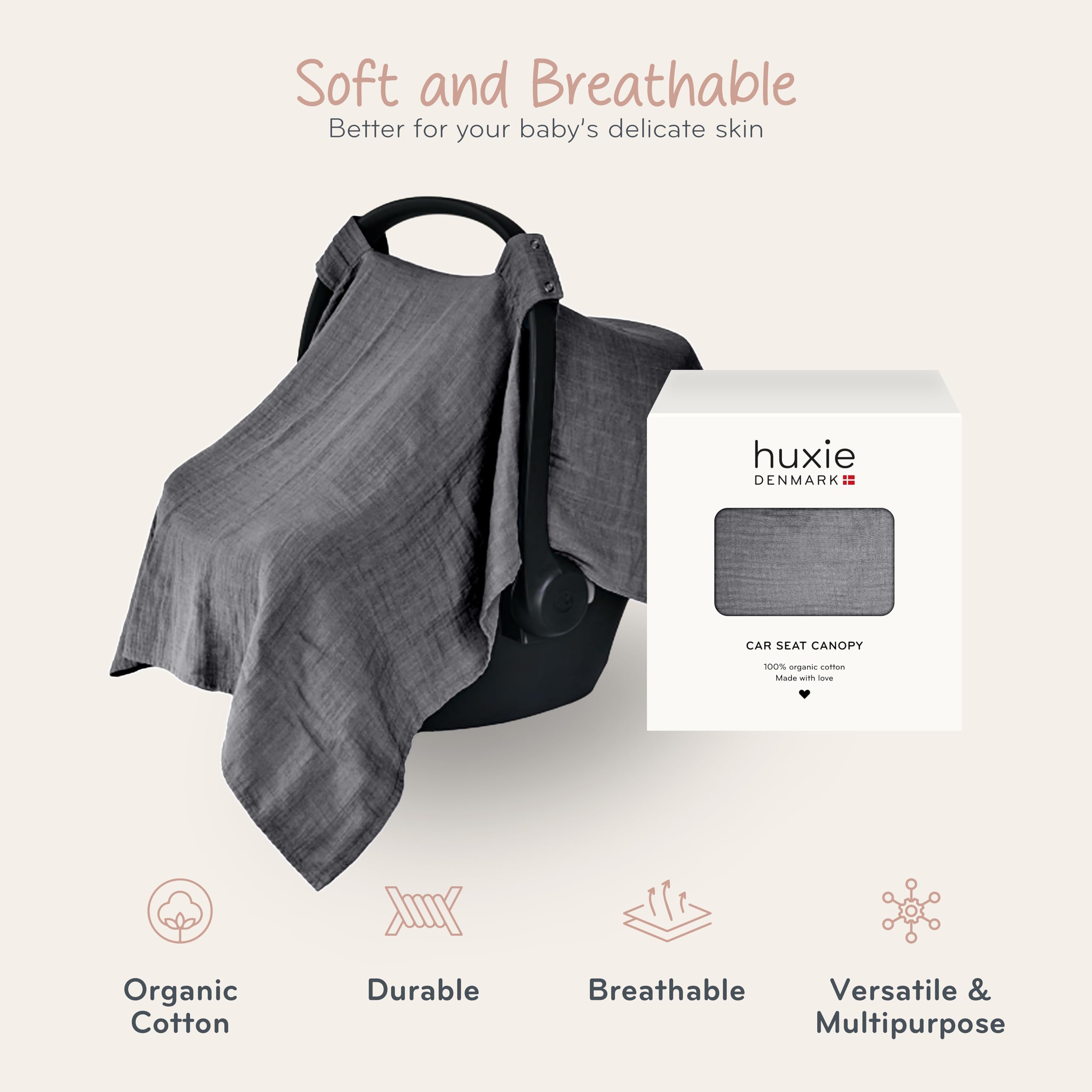 Organic Cotton Baby Car Seat Cover & Canopy - 100% Muslin, 43