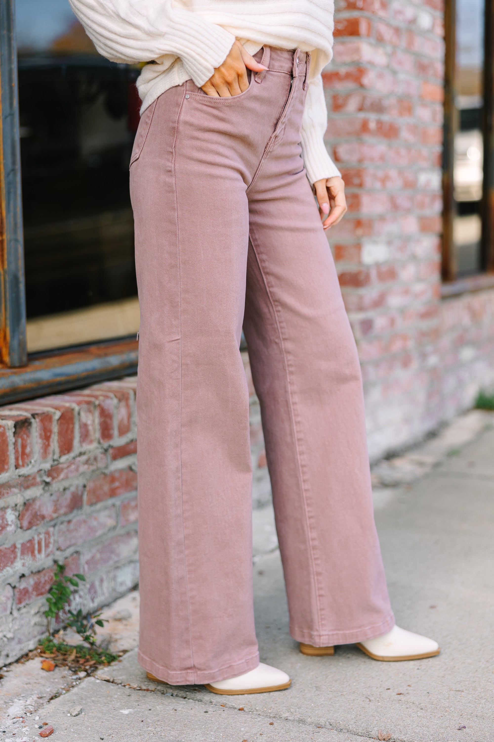 Above And Beyond Mauve Pink Wide Leg Jeans for Women - High Waisted Stretchy Comfort Pants - Casual & Office Wear - Perfect for Everyday Outfits and Chic Street Style