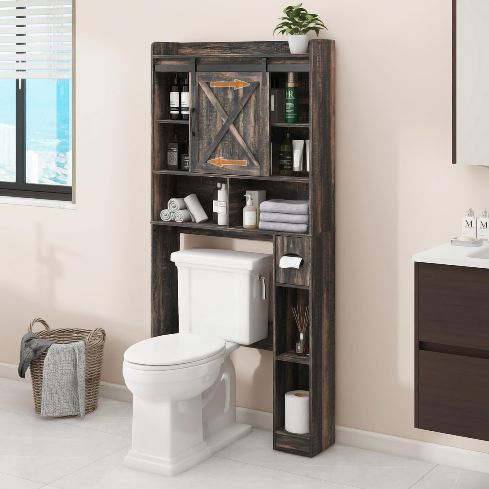 Farmhouse Over The Toilet Storage Cabinet with 2 Barn Doors & Toilet Paper Holder - Space Saving Bathroom Organizer for Towels, Toiletries & Essentials - Perfect for Small Bathrooms, Restrooms & Powder Rooms