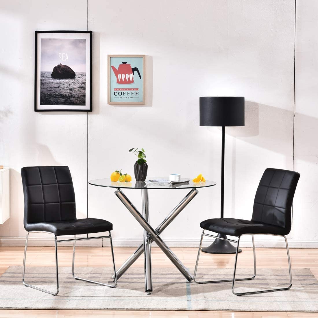 3-Piece Modern Round Glass Dining Table Set for 2 with Black Faux Leather Chairs - Compact Kitchen & Small Space Dining Solution for Apartments, Breakfast Nooks & Cozy Meals