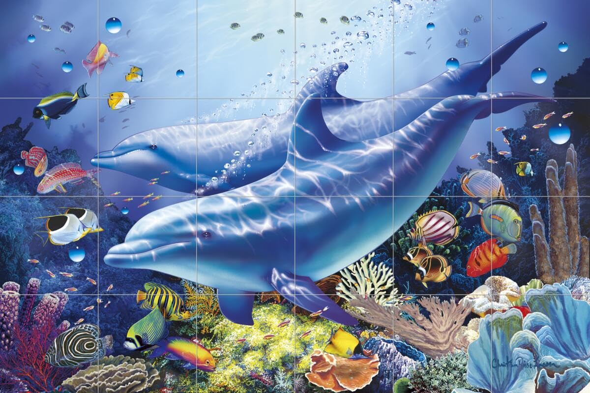 Ceramic Backsplash Tile Mural - Dolphin & Whale Underwater Ocean Scene - Blue Rhythm by Christian Riese Lassen - Perfect for Kitchen, Bathroom & Shower Walls