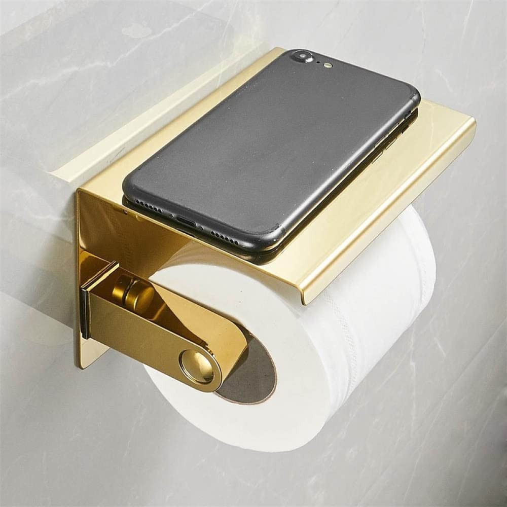 Stainless Steel Gold Double Roll Toilet Paper Holder with Phone Shelf - Wall Mounted Bathroom Tissue Dispenser for Modern Homes (A02) | Perfect for Small Bathrooms, Powder Rooms & RVs