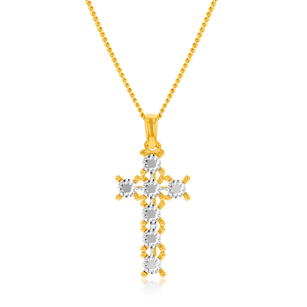 9ct Yellow and White Gold Two-Tone Diamond Cut Fancy Cross Pendant Necklace for Women - Elegant Jewelry Gift for Christmas, Baptism & Special Occasions