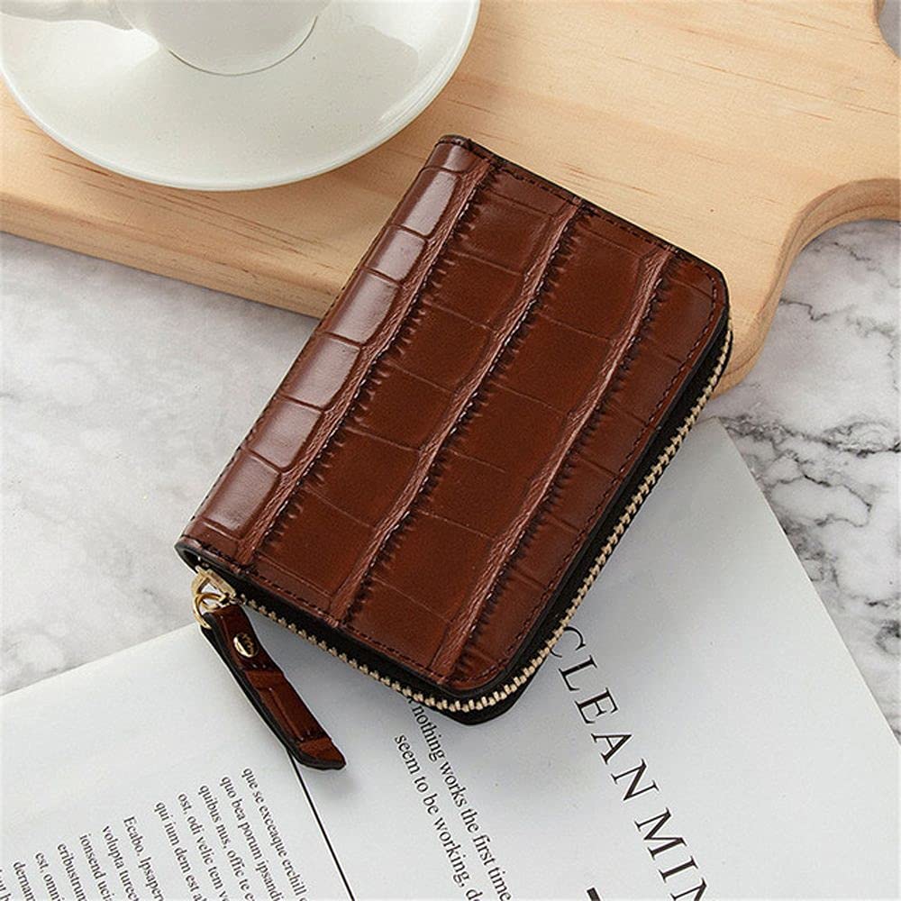 Women's PU Leather Credit Card Holder - Crocodile Pattern Zipper Wallet for ID, Cards & Coins (Coffee) | Stylish & Compact for Everyday Use, Travel & Shopping